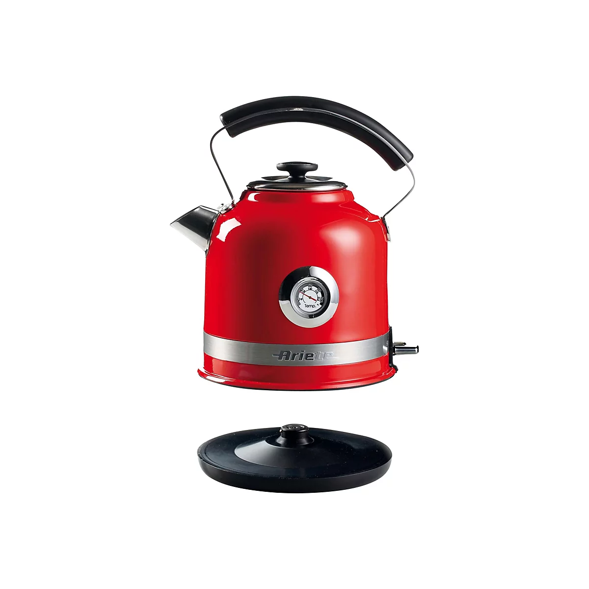 Roter, glänzender Retro-Wasserkocher von Ariete mit Temperaturanzeige und separatem schwarzen Sockel.