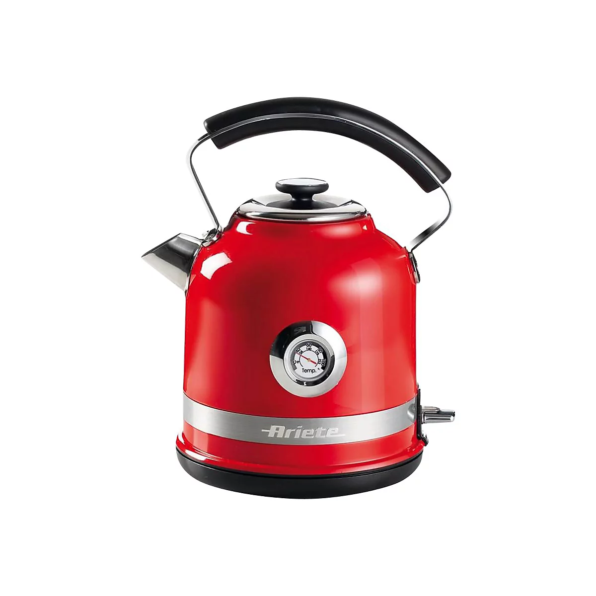 Roter, glänzender Ariete Wasserkocher im Retro-Design mit integrierter Temperaturanzeige auf weißem Hintergrund.