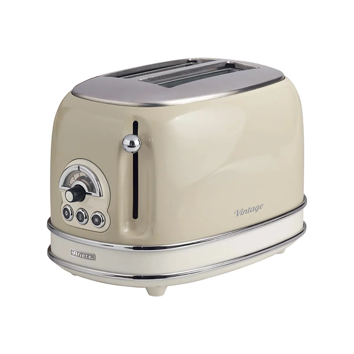 Beigefarbener Ariete Toaster im Vintage-Design mit Chromdetails und zwei Schlitzen vor weißem Hintergrund.