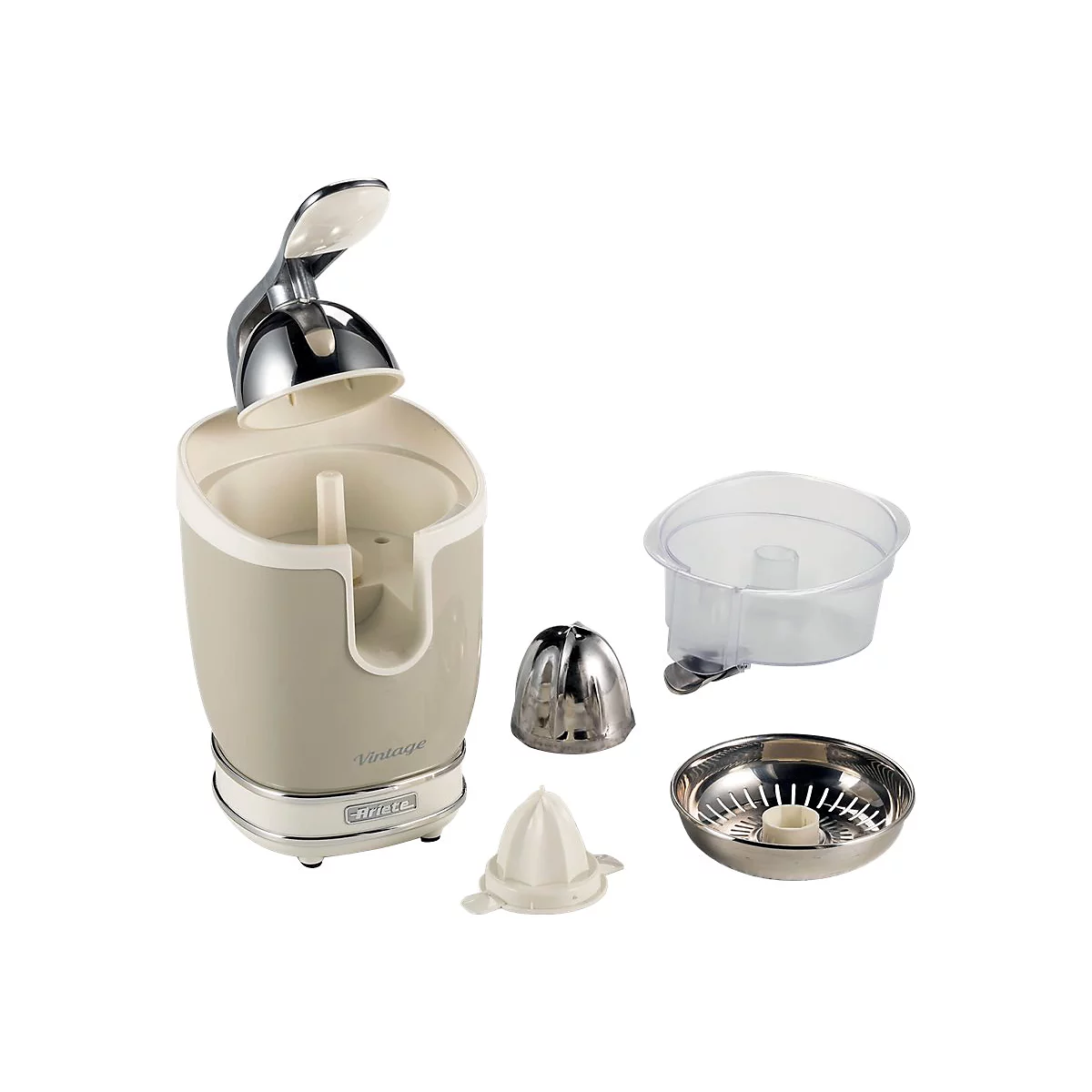 Beige Ariete Vintage Zitruspresse mit abgenommenen Zubehörteilen wie Presskegel und Sieb vor weißem Hintergrund.