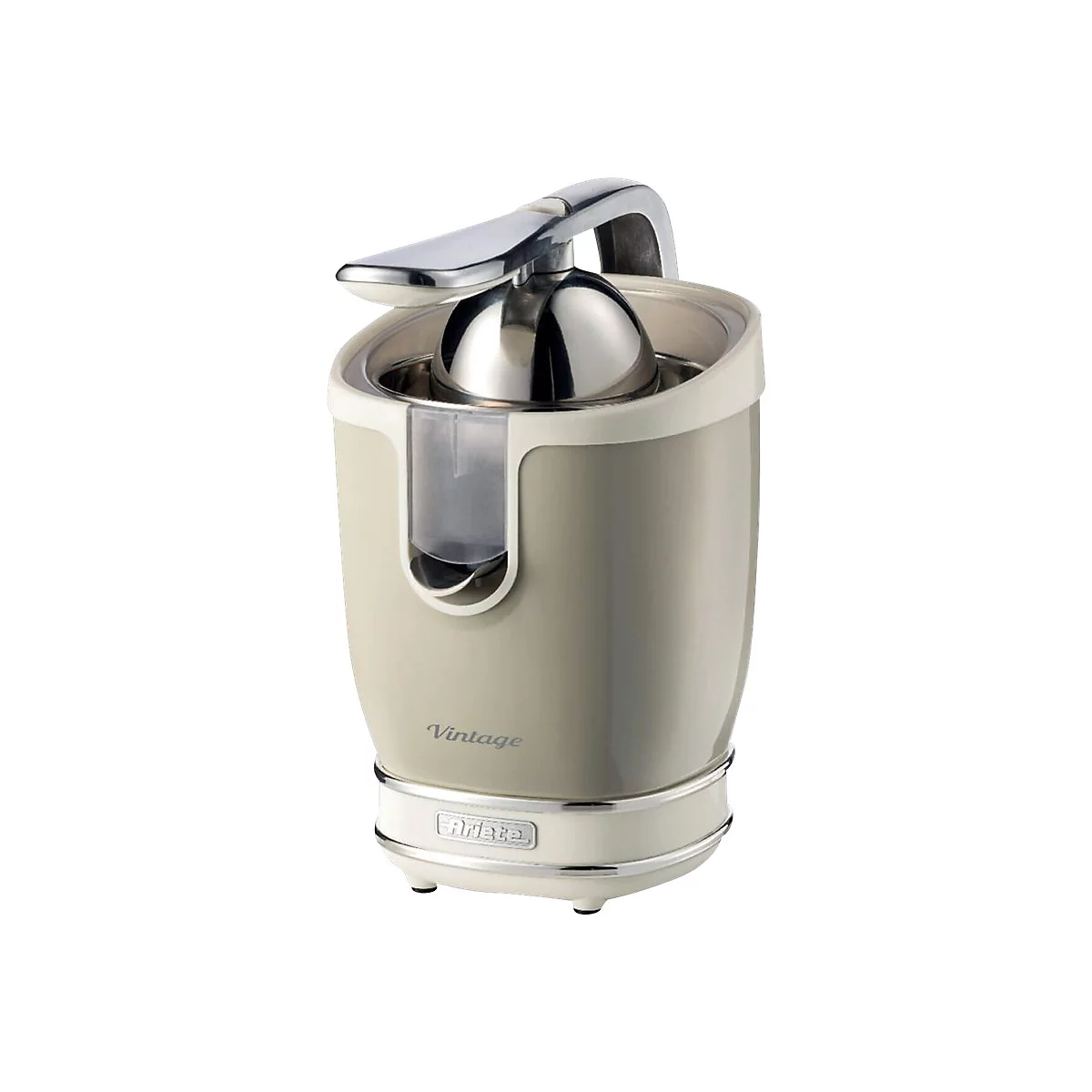 Beige elektrische Zitruspresse im Retro-Design mit Metallhebel vor weißem Hintergrund.