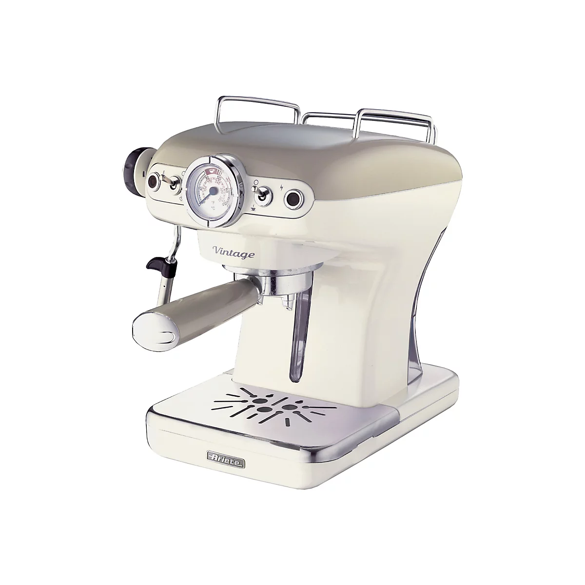 Beigefarbene Ariete Espressomaschine im Vintage-Design mit analoger Temperaturanzeige und Siebträger auf weißem Hintergrund.