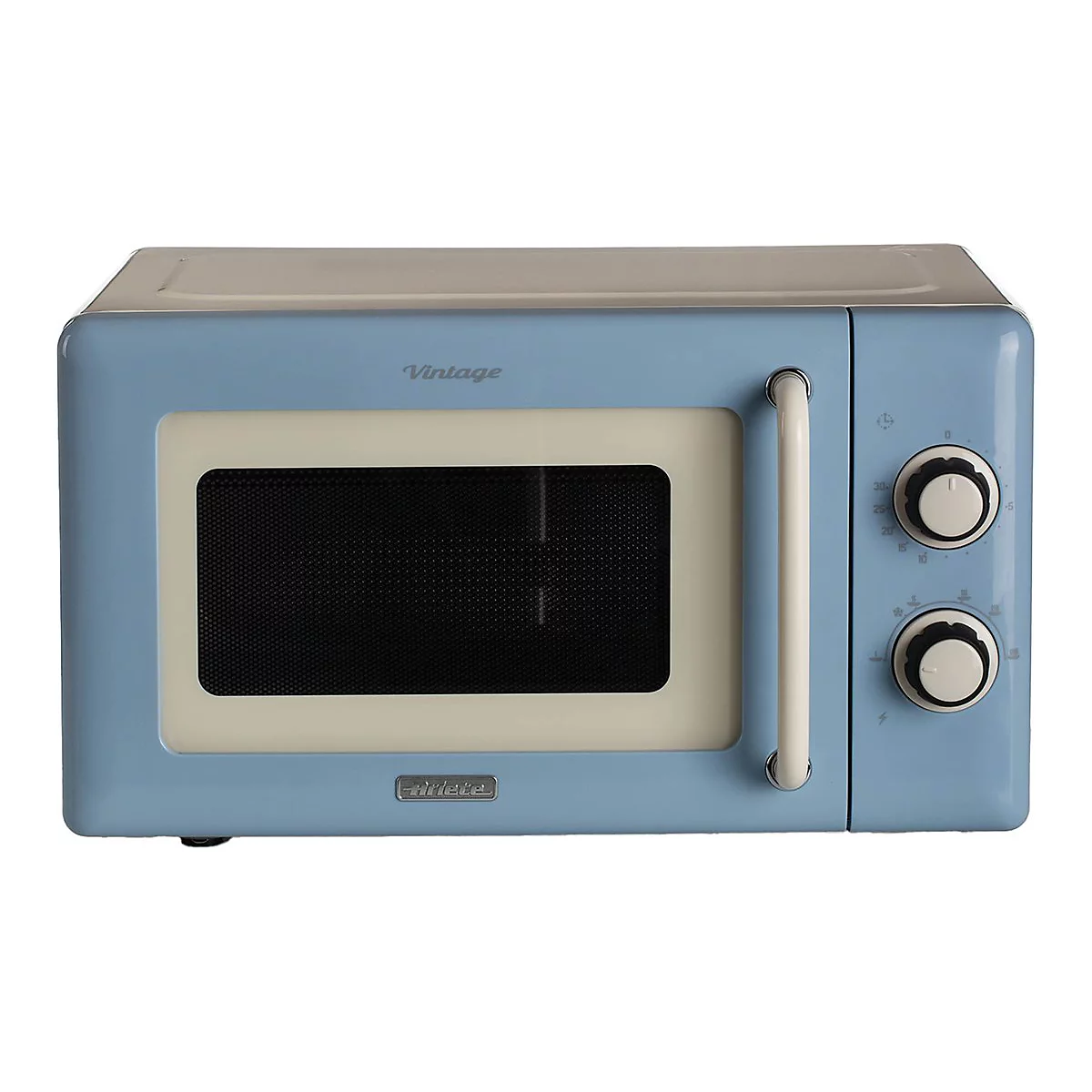 Himmelblaue Ariete Mikrowelle im Retro-Design mit cremefarbenen Akzenten und zwei Drehreglern vor weißem Hintergrund.