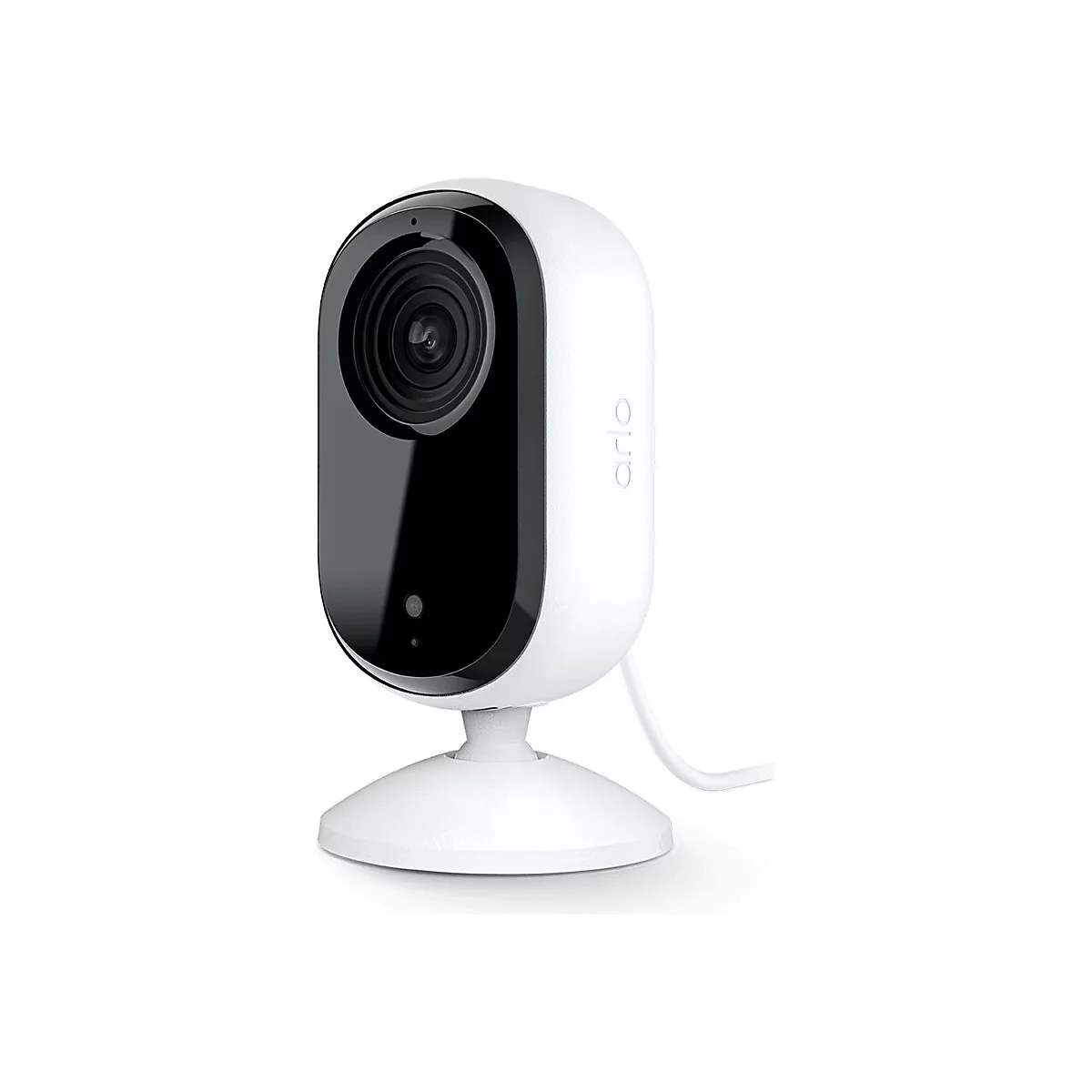 Caméra de surveillance blanche 'Arlo' avec une lentille noire et un support.