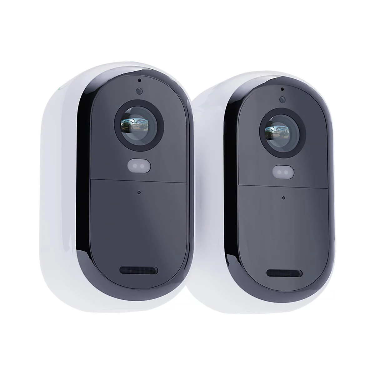 Deux caméras de surveillance blanches avec des accents noirs et des objectifs. Forme ronde avec des boutons et des ouvertures pour haut-parleurs.
