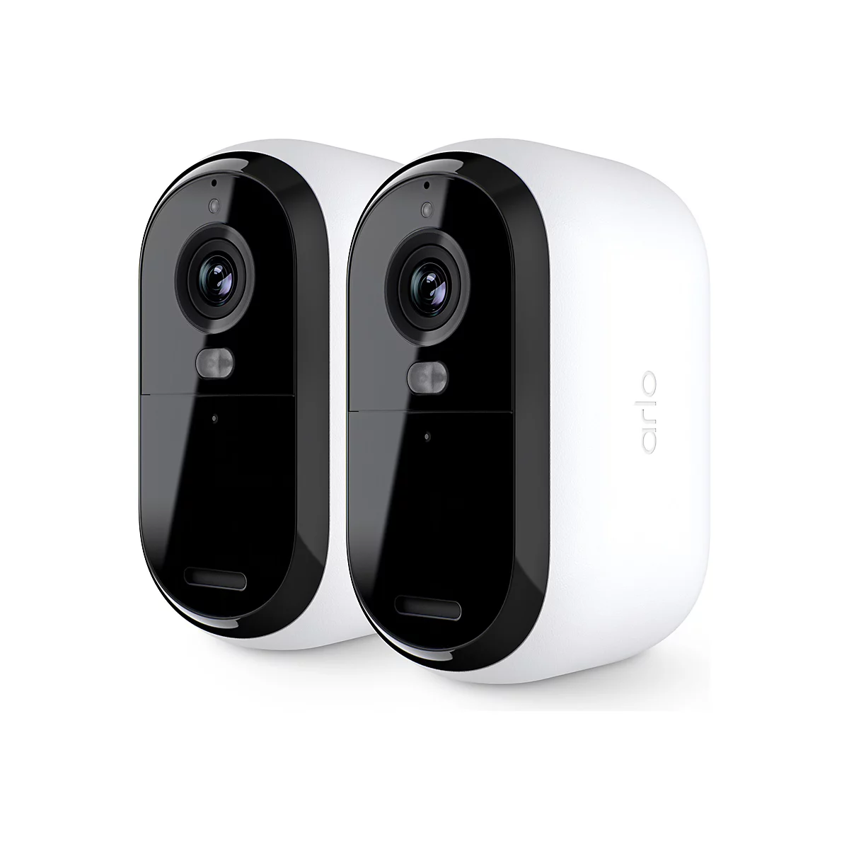 Deux caméras de surveillance blanches, avec face noire et caméra. Inscription "arlo".