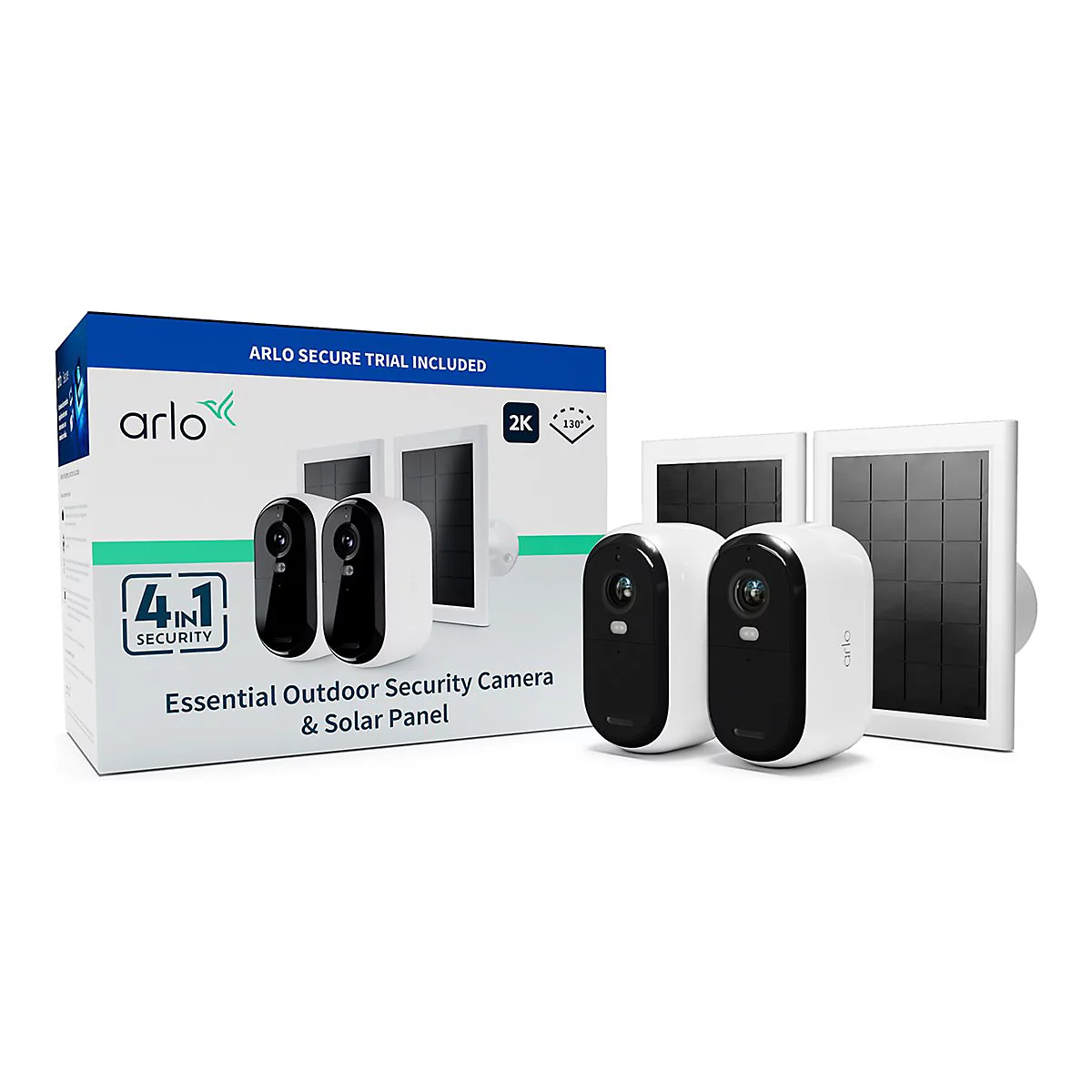 Arlo Sicherheitskamera-Set: Kameras, Solarpanel und Verpackung mit Logo und Text.