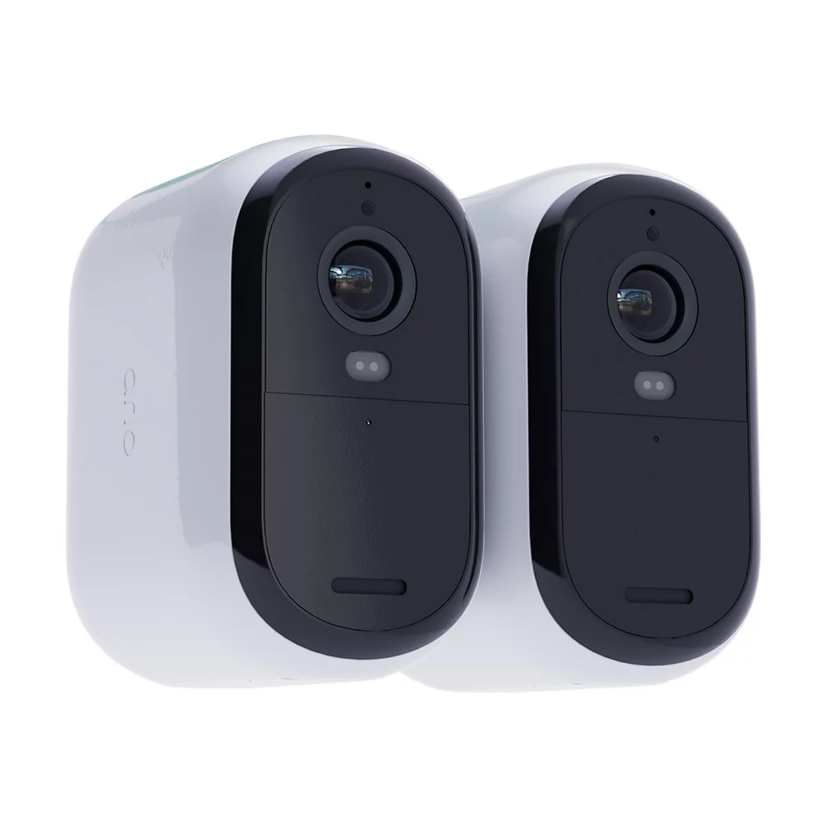 Deux caméras de sécurité blanches, façade noire, lentilles, logo 'arlo'.