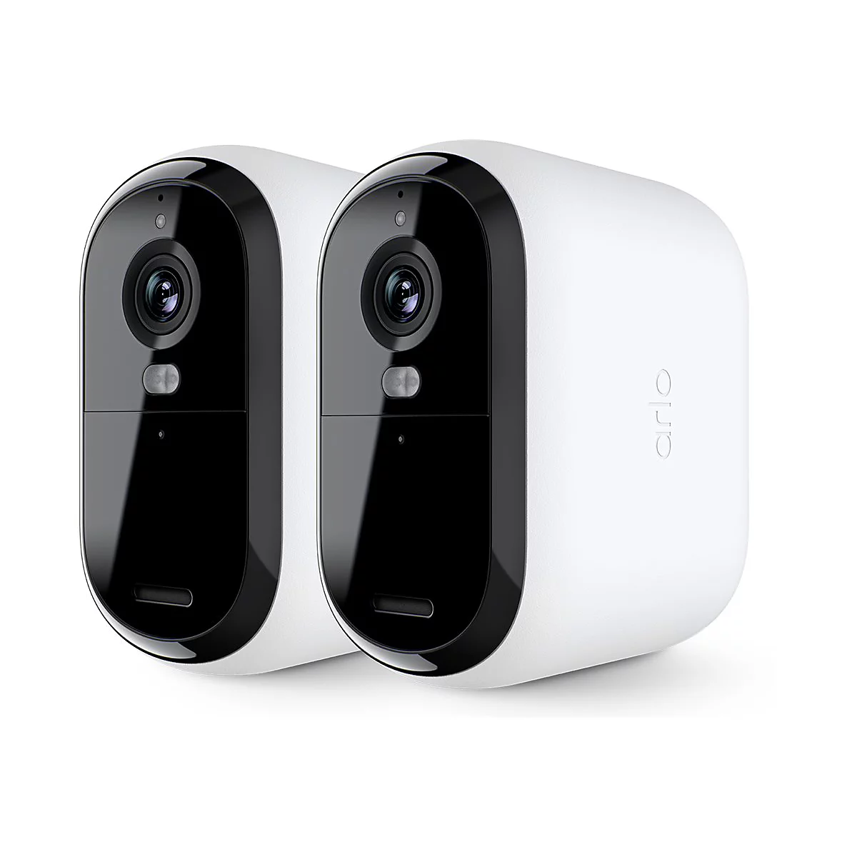 Deux caméras de sécurité blanches, façade noire, lentille et bouton. Le mot 'arlo' est visible sur le côté.
