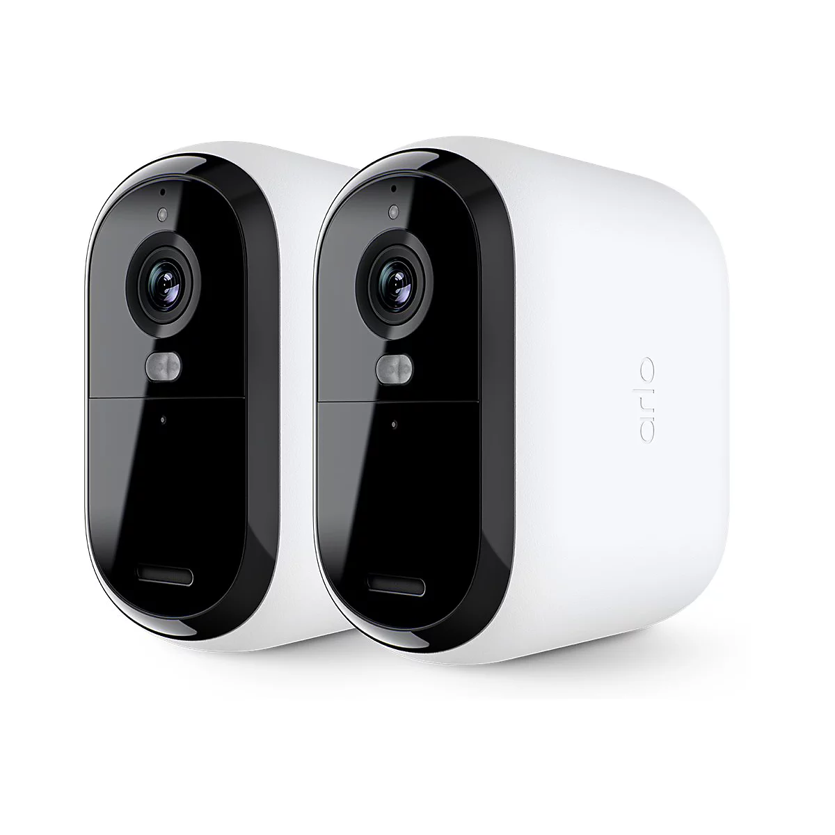 Deux caméras de sécurité Arlo blanches, avec des façades noires, sur fond blanc.