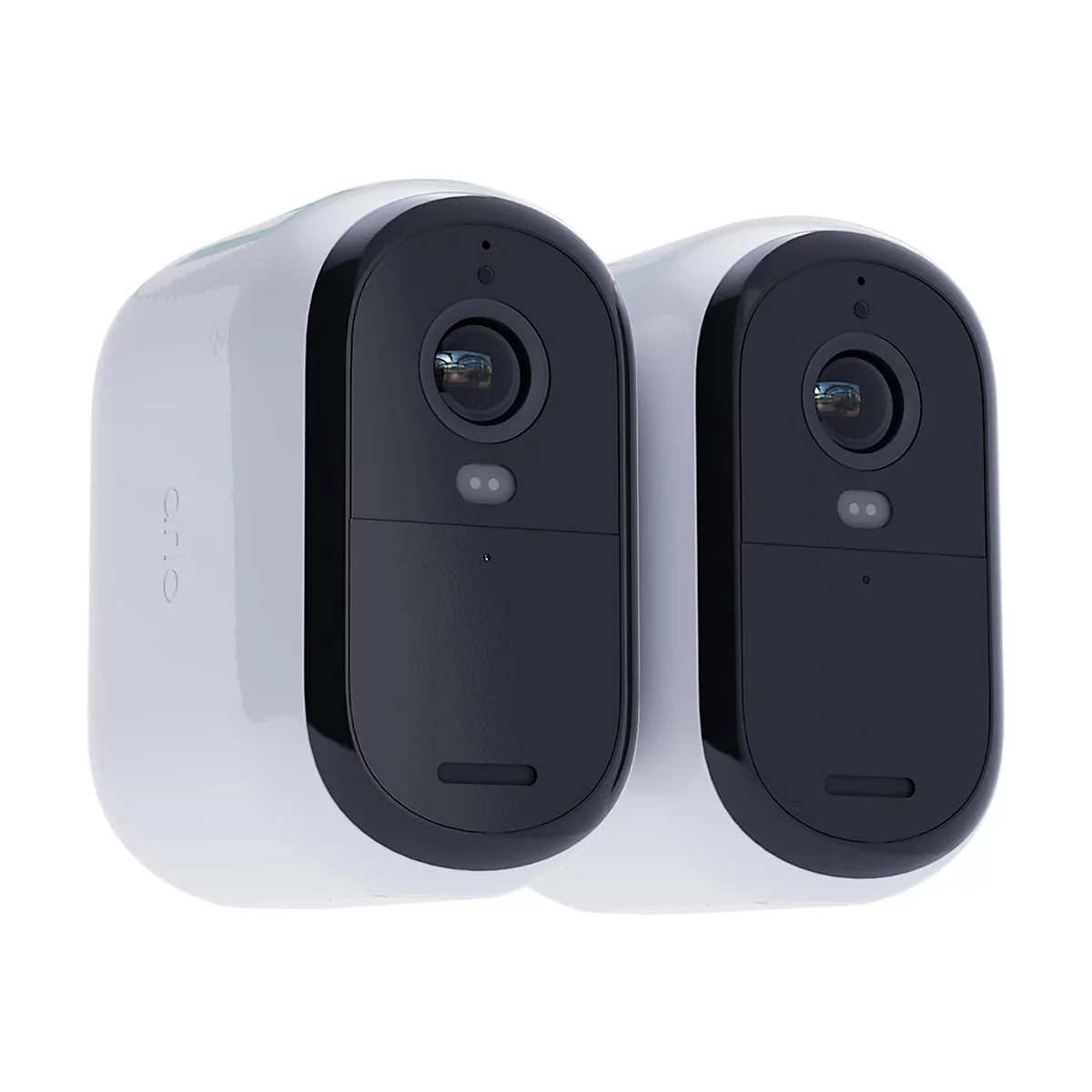 Deux caméras de sécurité blanches avec des façades noires sur fond blanc. Le logo 'Arlo' est visible sur le côté gauche.