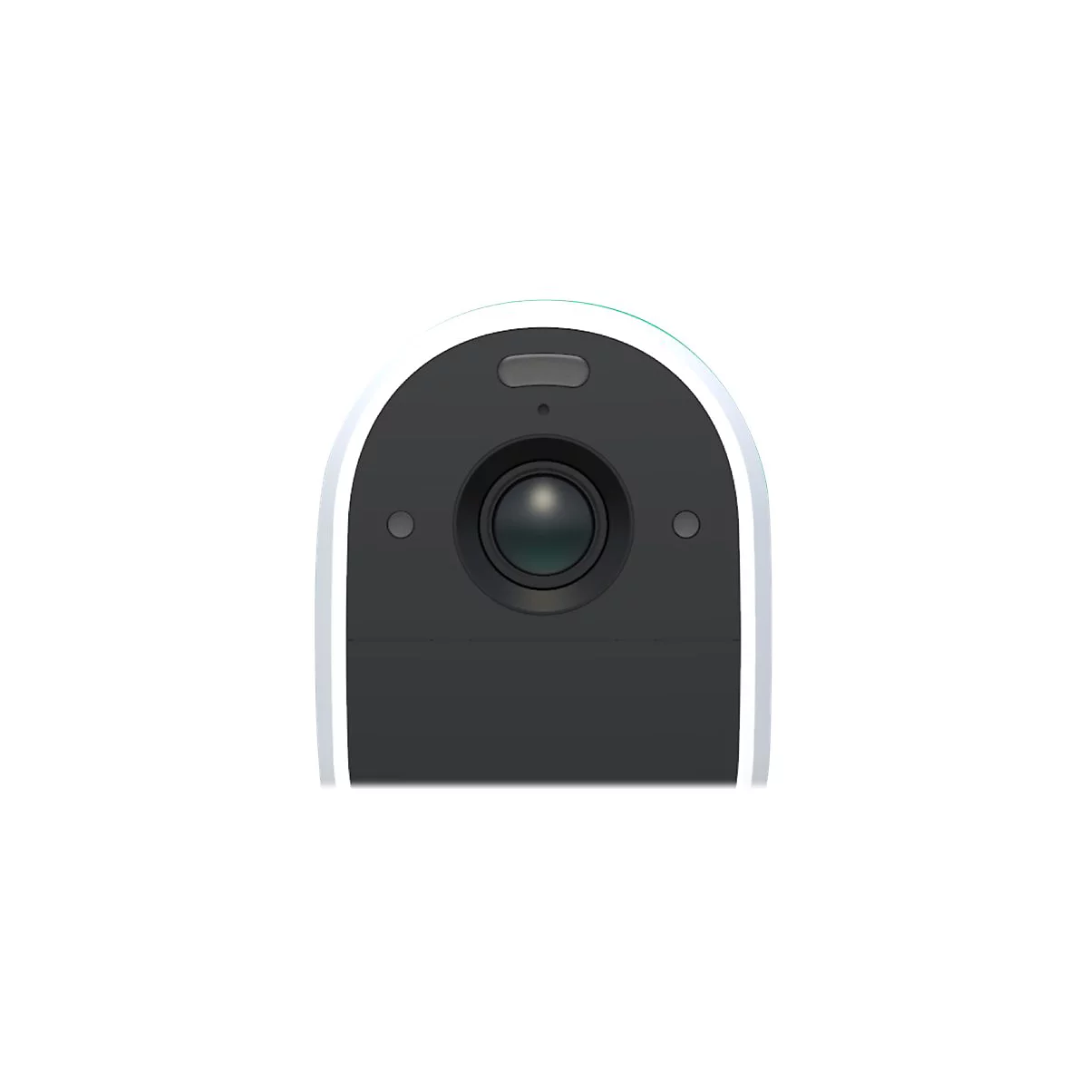 Gros plan d'une caméra de surveillance noire avec objectif, microphones et capteur de lumière sur fond blanc.