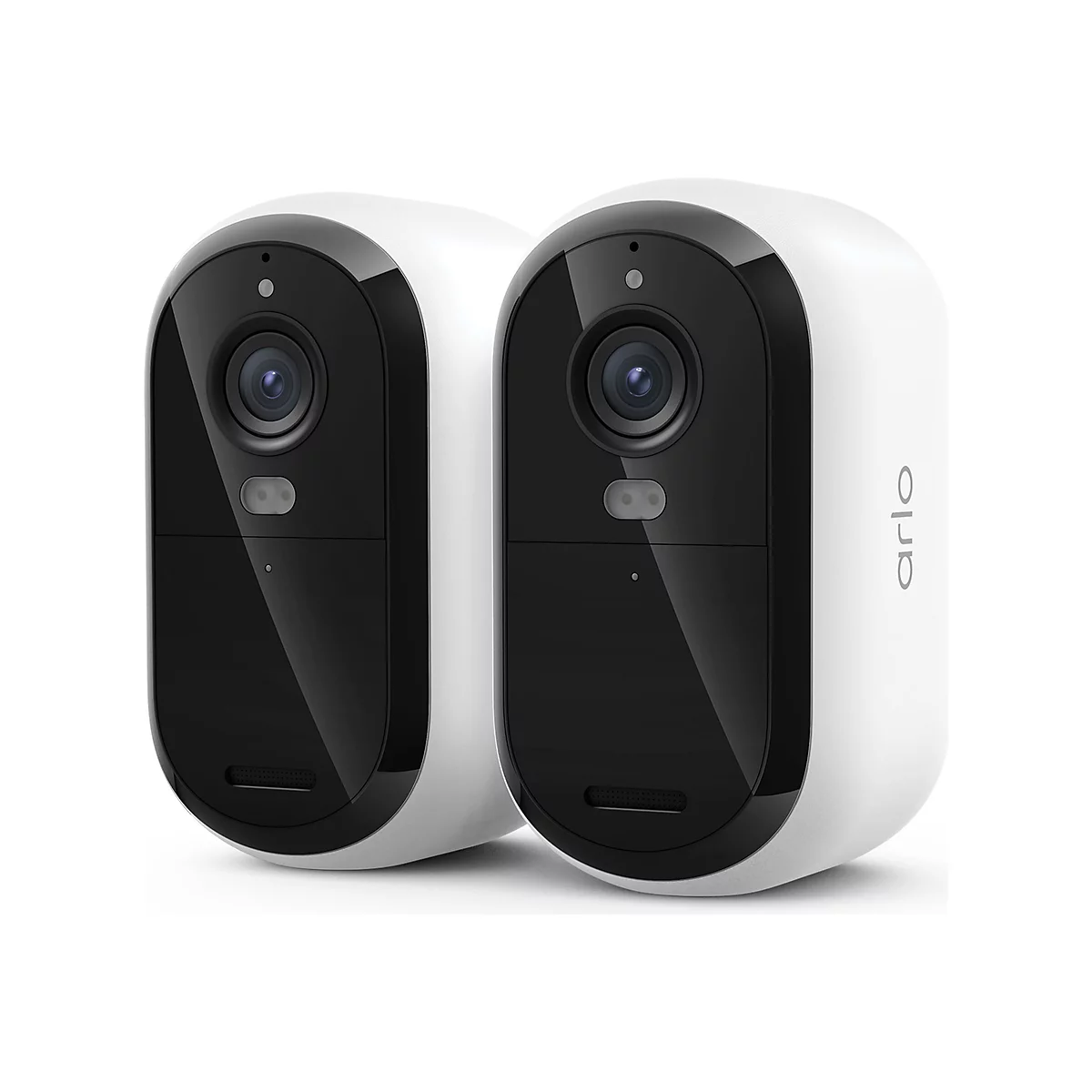 Zwei weiße Arlo Überwachungskameras in abgerundetem Design stehen nebeneinander vor einem weißen Hintergrund.
