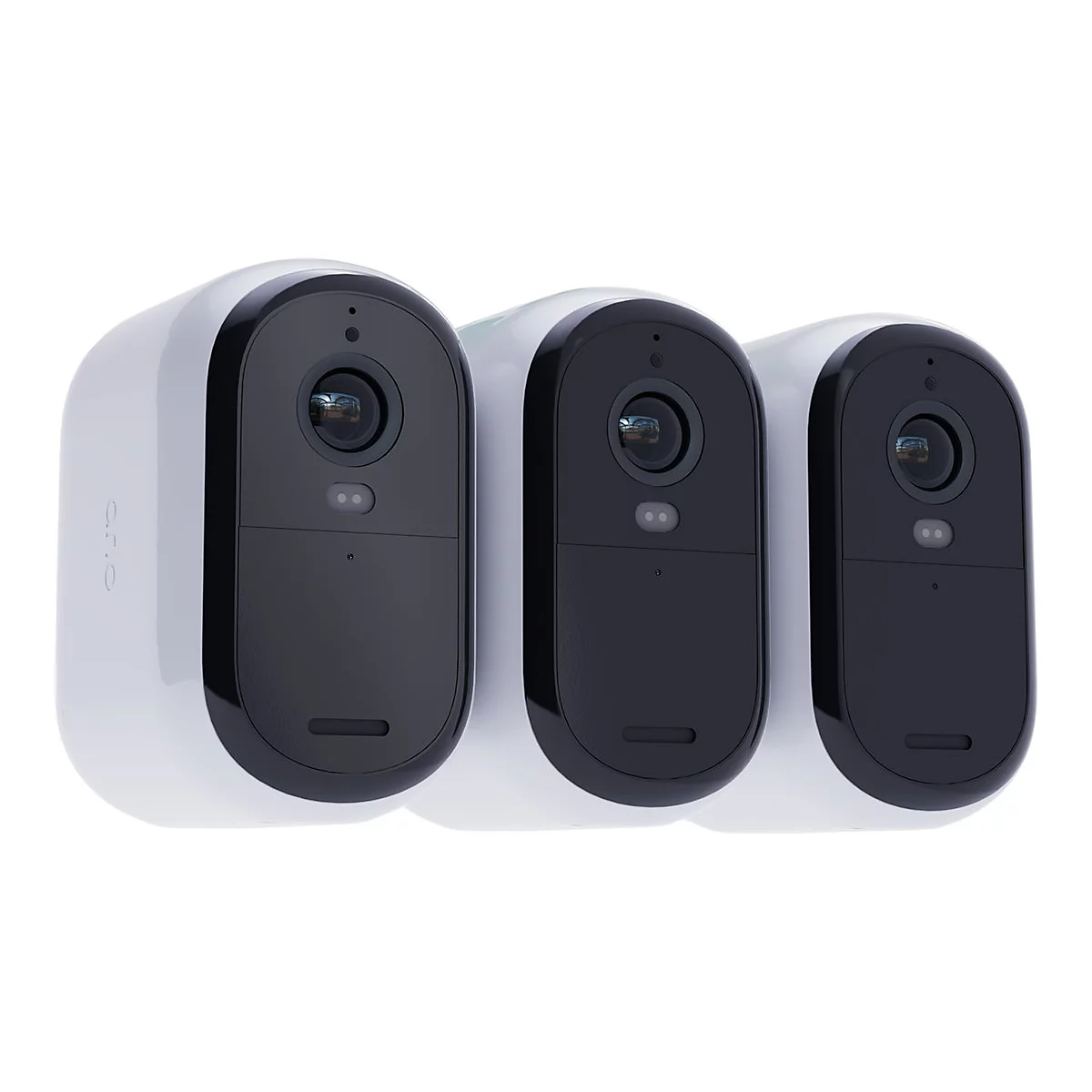 Trois caméras de surveillance blanches et ovales avec des façades noires sur fond blanc. Chaque caméra a un objectif et une petite lumière.