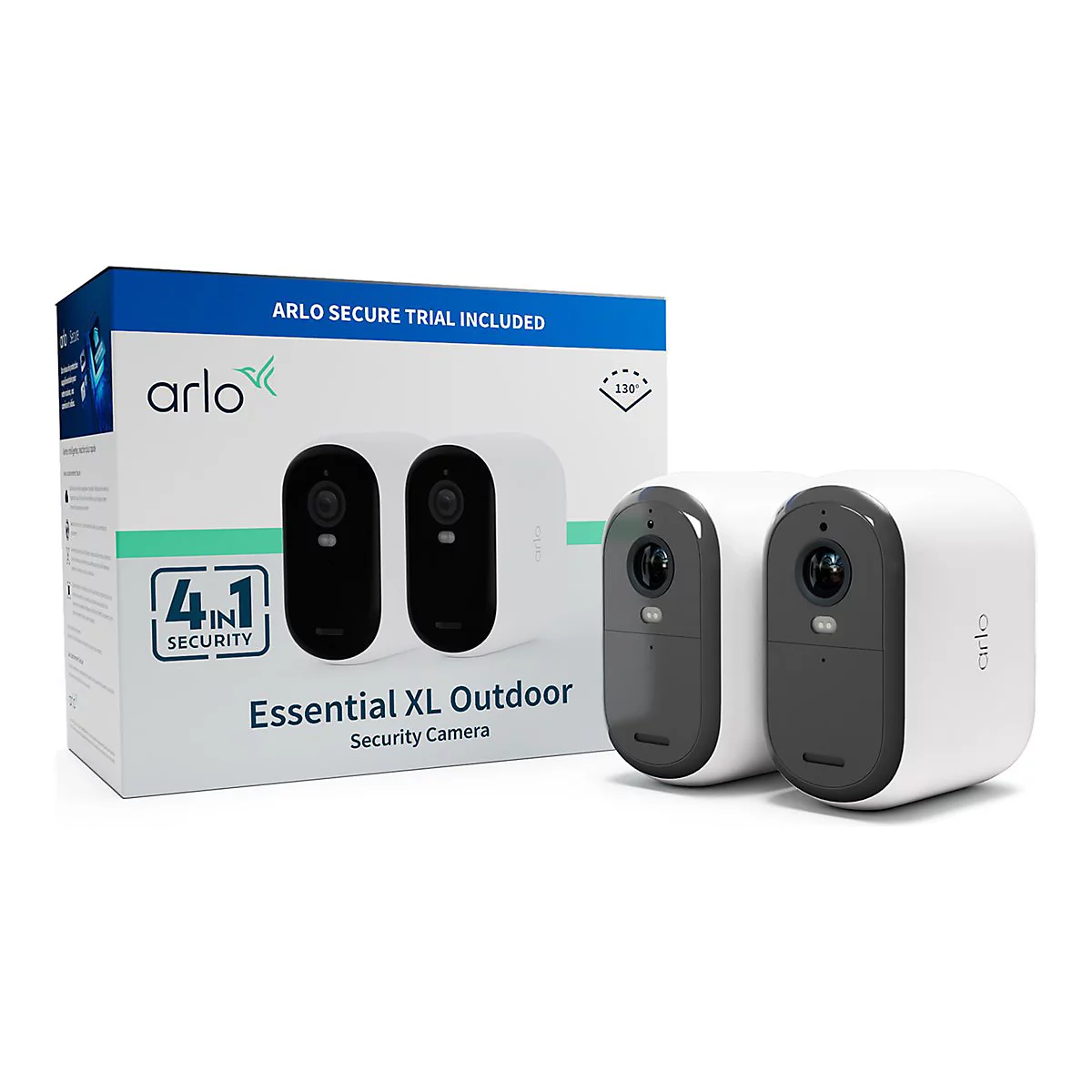 Deux caméras de sécurité extérieures blanches Arlo Essential XL avec une façade grise et une boîte indiquant "Arlo Secure Trial Included".