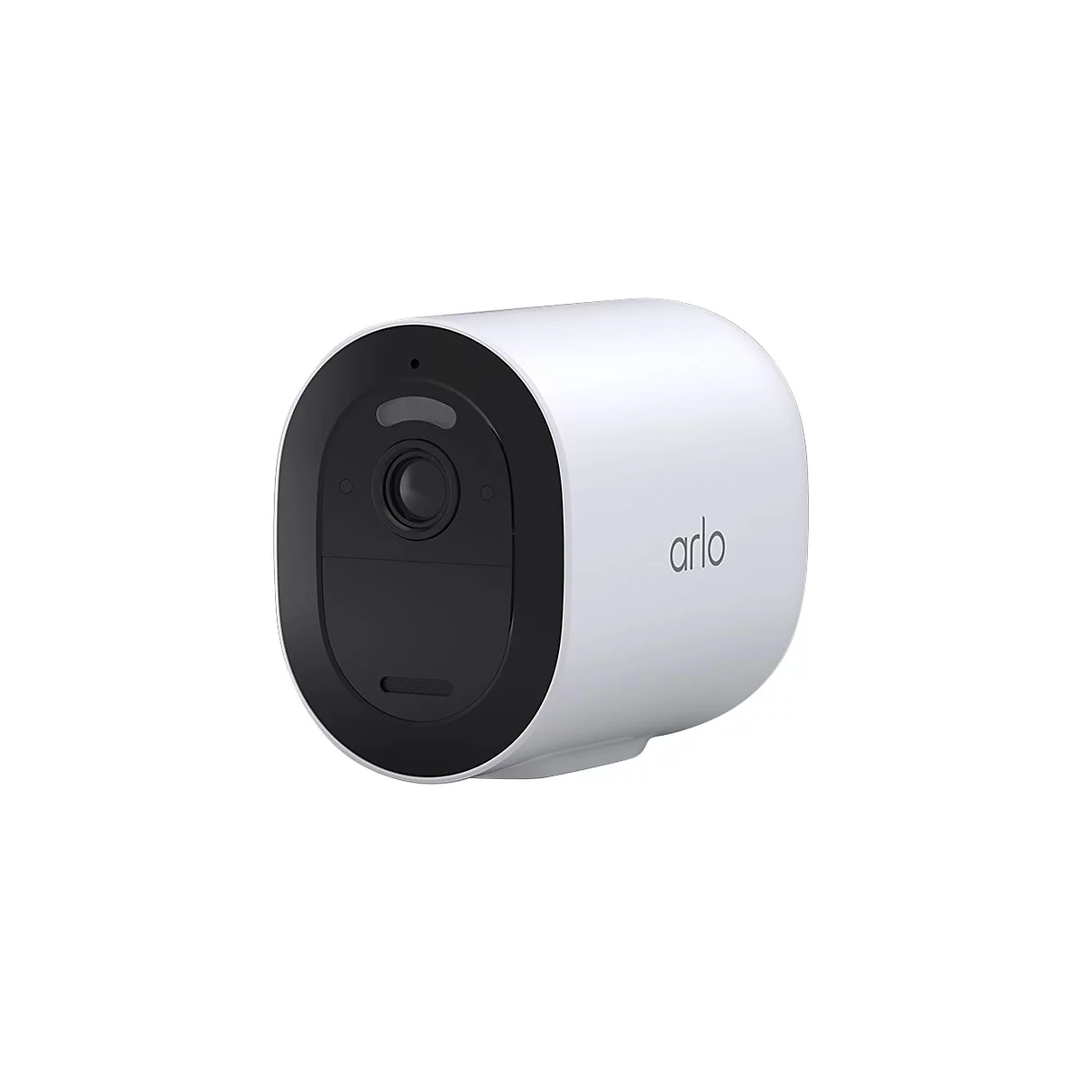 Weiße, zylindrische Arlo Überwachungskamera mit schwarzer Front und Linse.