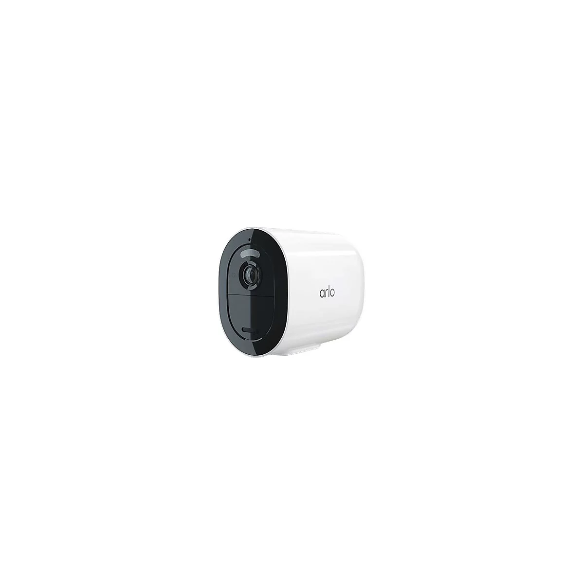 Weiße, zylindrische Arlo Überwachungskamera mit schwarzer Frontblende vor weißem Hintergrund.