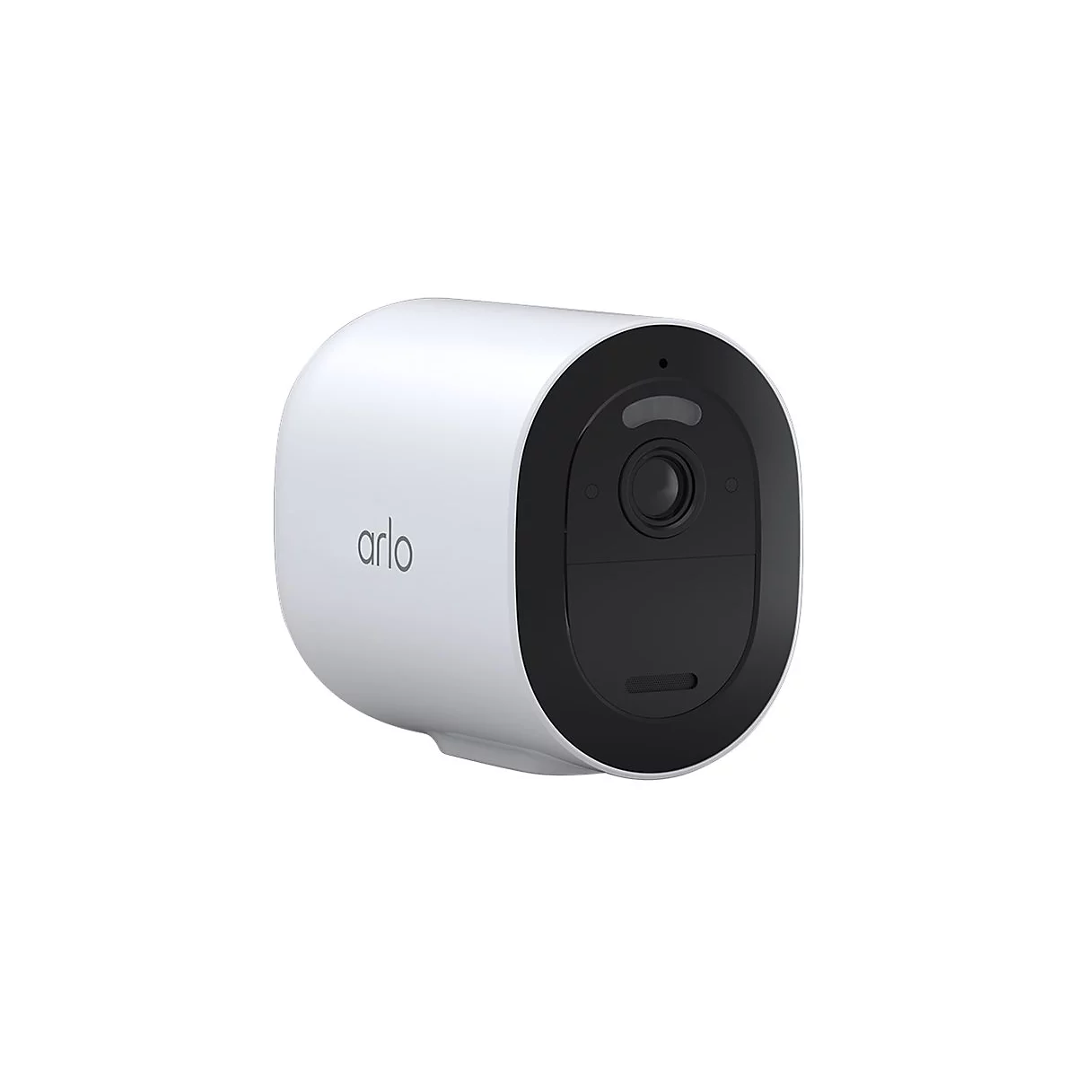 Weiße, zylindrische Arlo-Überwachungskamera mit schwarzer Frontpartie auf weißem Hintergrund.