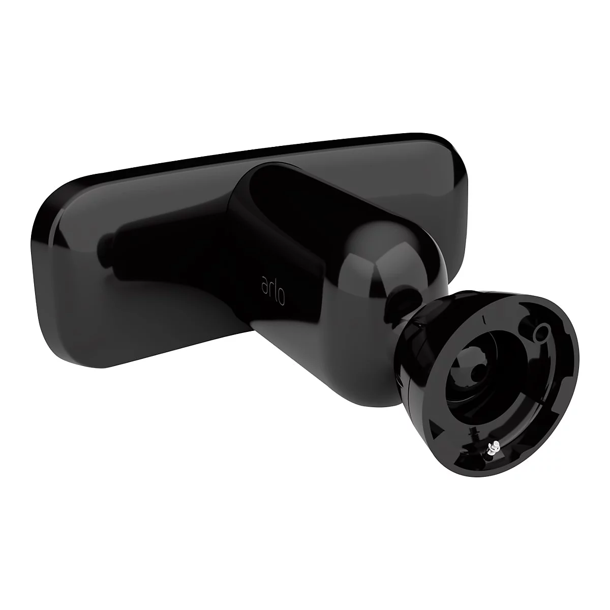 Schwarze Arlo Wandhalterung für Überwachungskameras auf weißem Hintergrund.