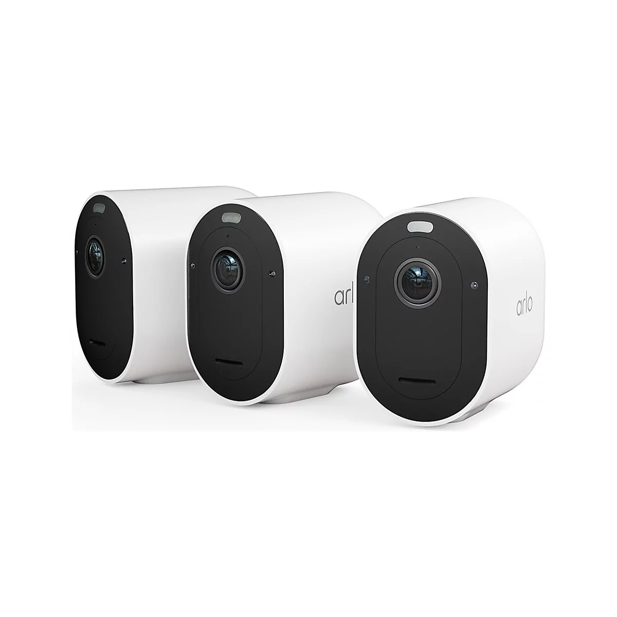 Trois caméras de sécurité blanches, cylindriques, disposées côte à côte. Chaque caméra a une façade noire et le logo 'arlo'.