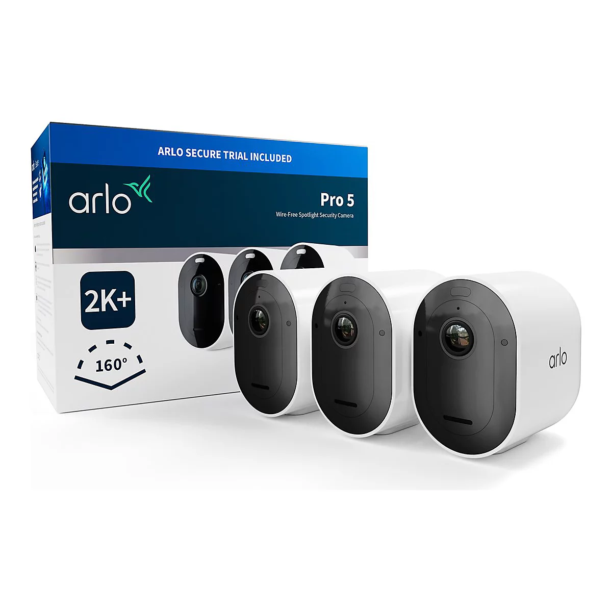 Arlo Pro 5-Kameras, eine Box mit Text, "Arlo Secure Trial". Aufschrift: "2K+" und "160°".