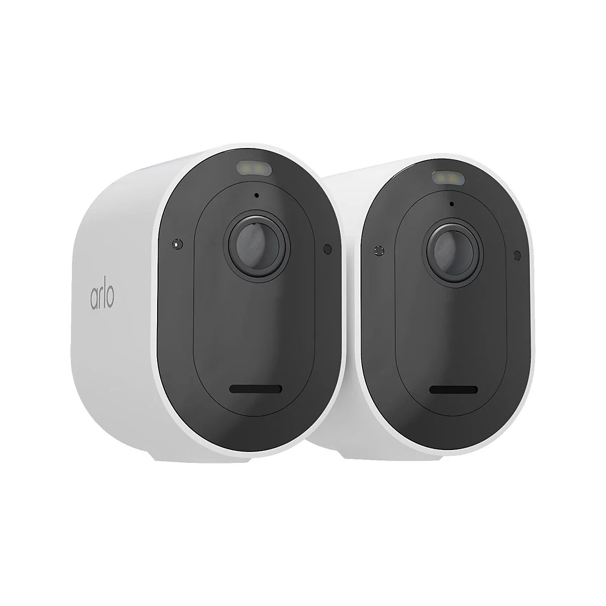 Deux caméras de sécurité blanches, lentille et façade noires. Un indicateur en haut et le logo "arlo" en dessous.