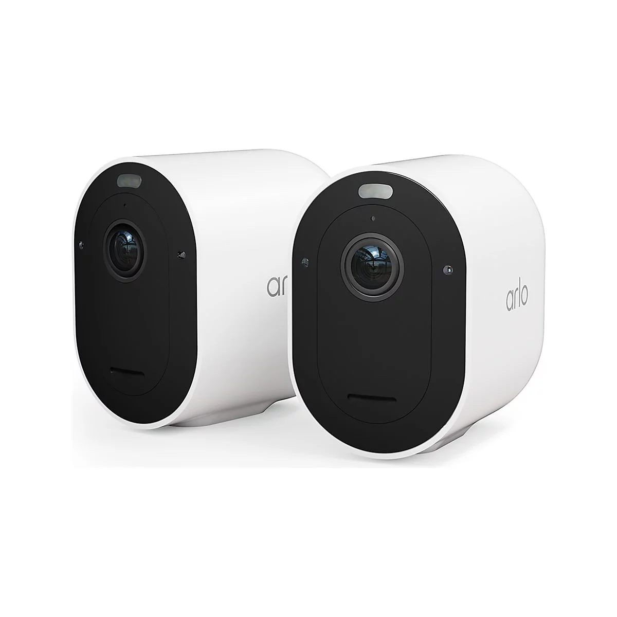 Deux caméras de sécurité blanches, une avec l'inscription "arlo", sur fond blanc.
