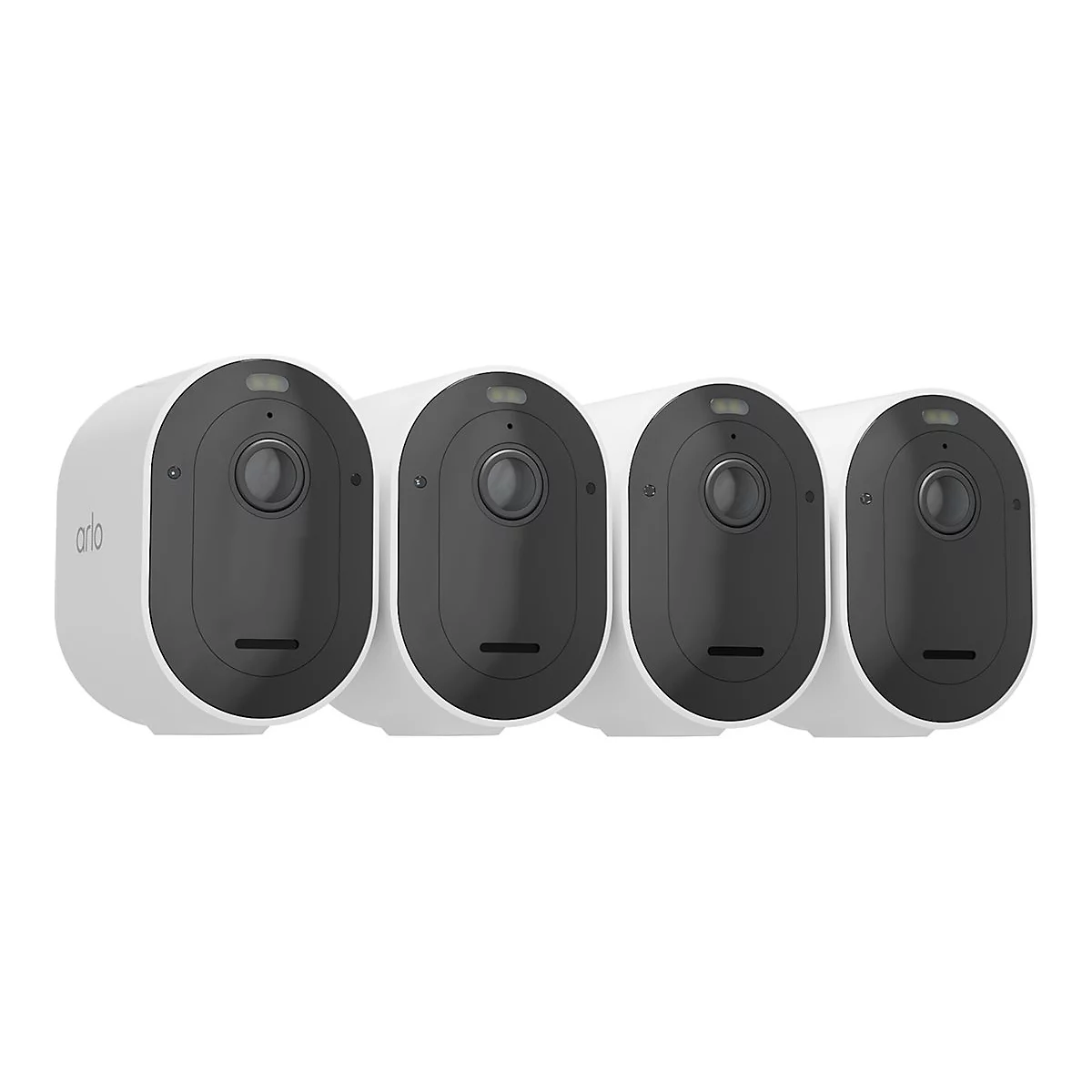 Quatre caméras de sécurité blanches alignées côte à côte. Chaque caméra a une face avant noire, une lentille et le logo "arlo".