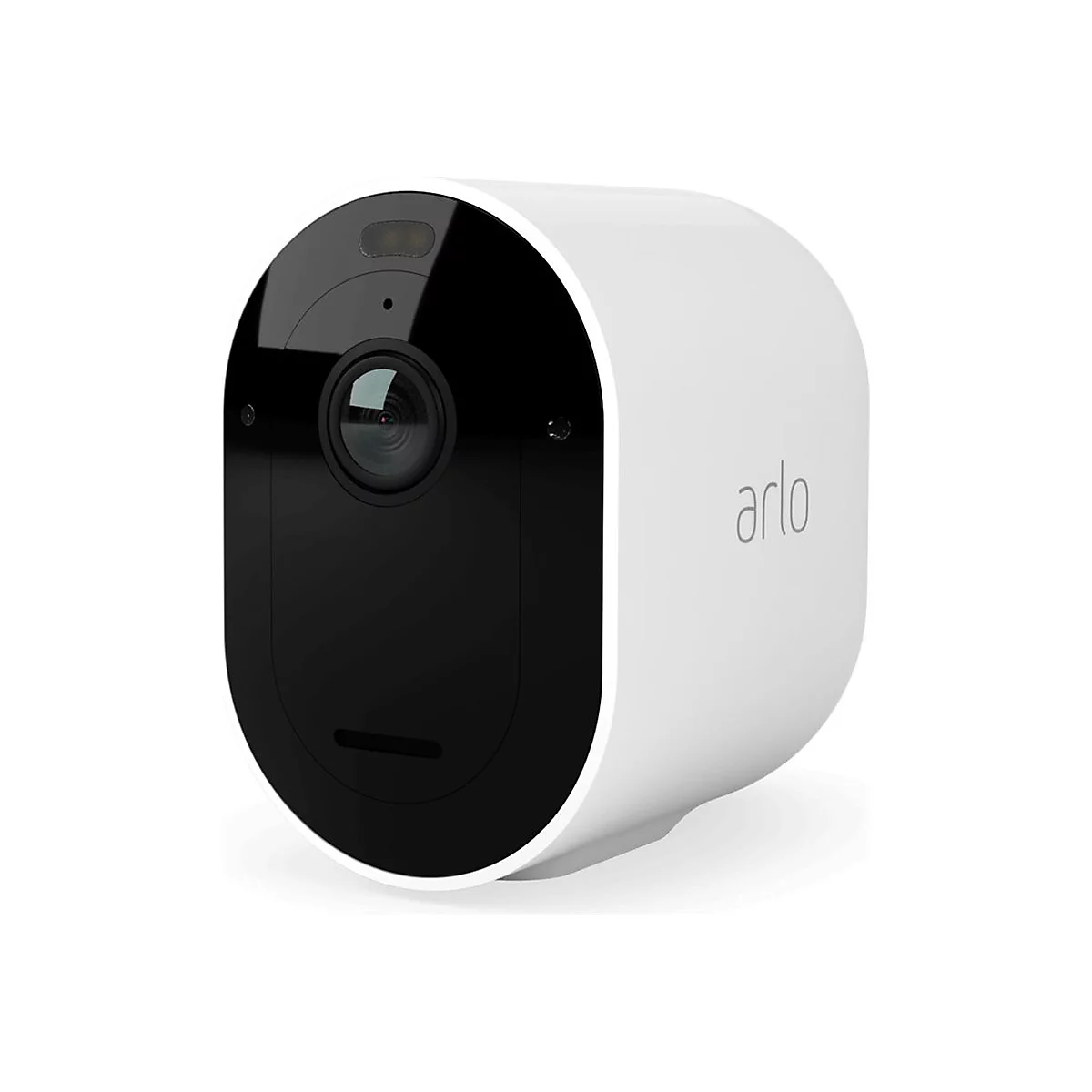 Weiße Überwachungskamera mit schwarzer Front, „arlo“ Schriftzug. Kameraobjektiv mittig, umgeben von schwarzem Rahmen.