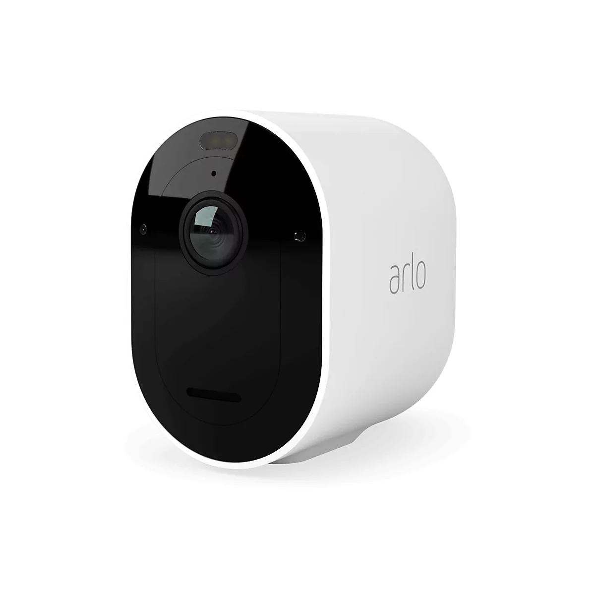Caméra de sécurité Arlo blanche, face avant noire, objectif, logo.