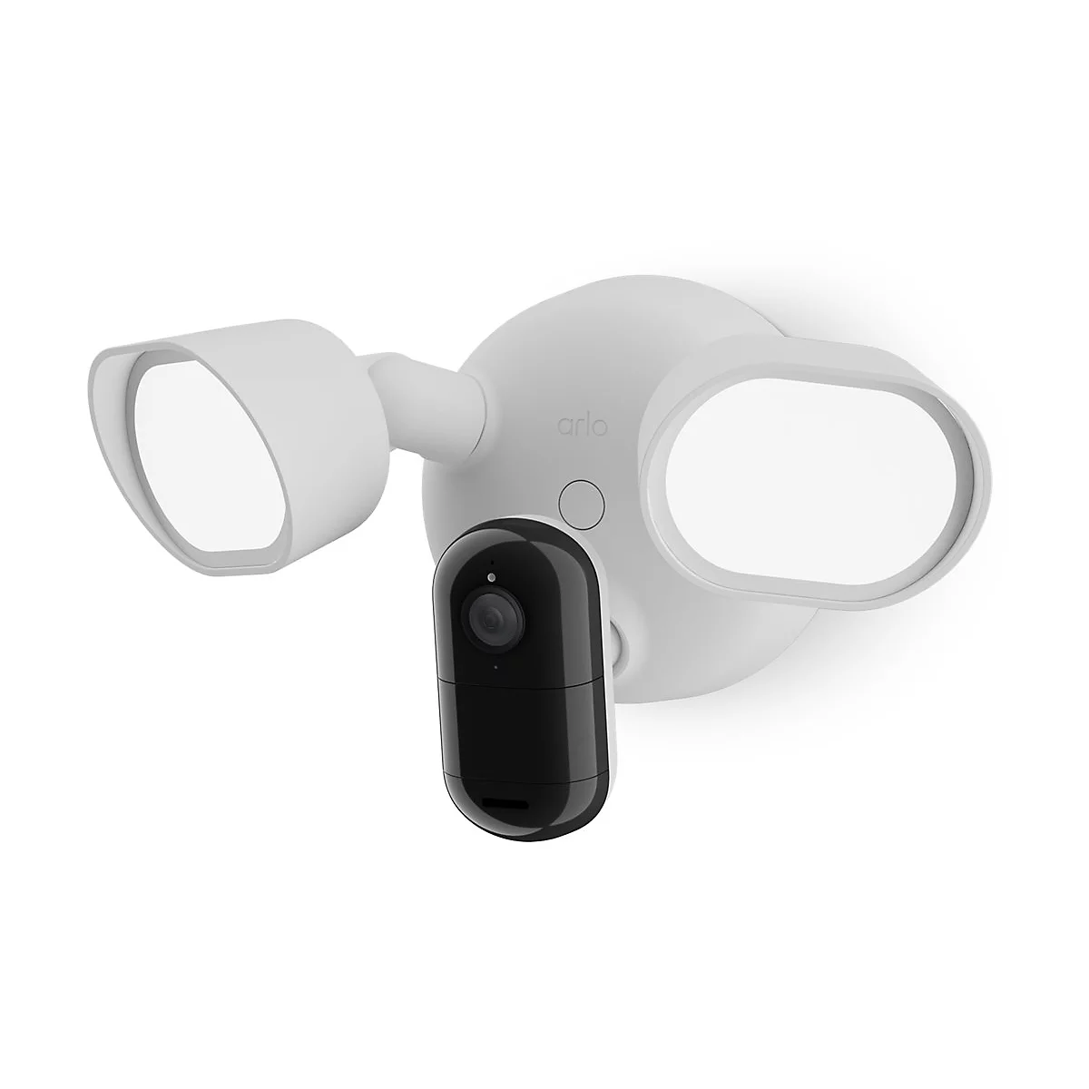 Arlo-Überwachungskamera und Scheinwerfer, weiß und schwarz, vor weißem Hintergrund.