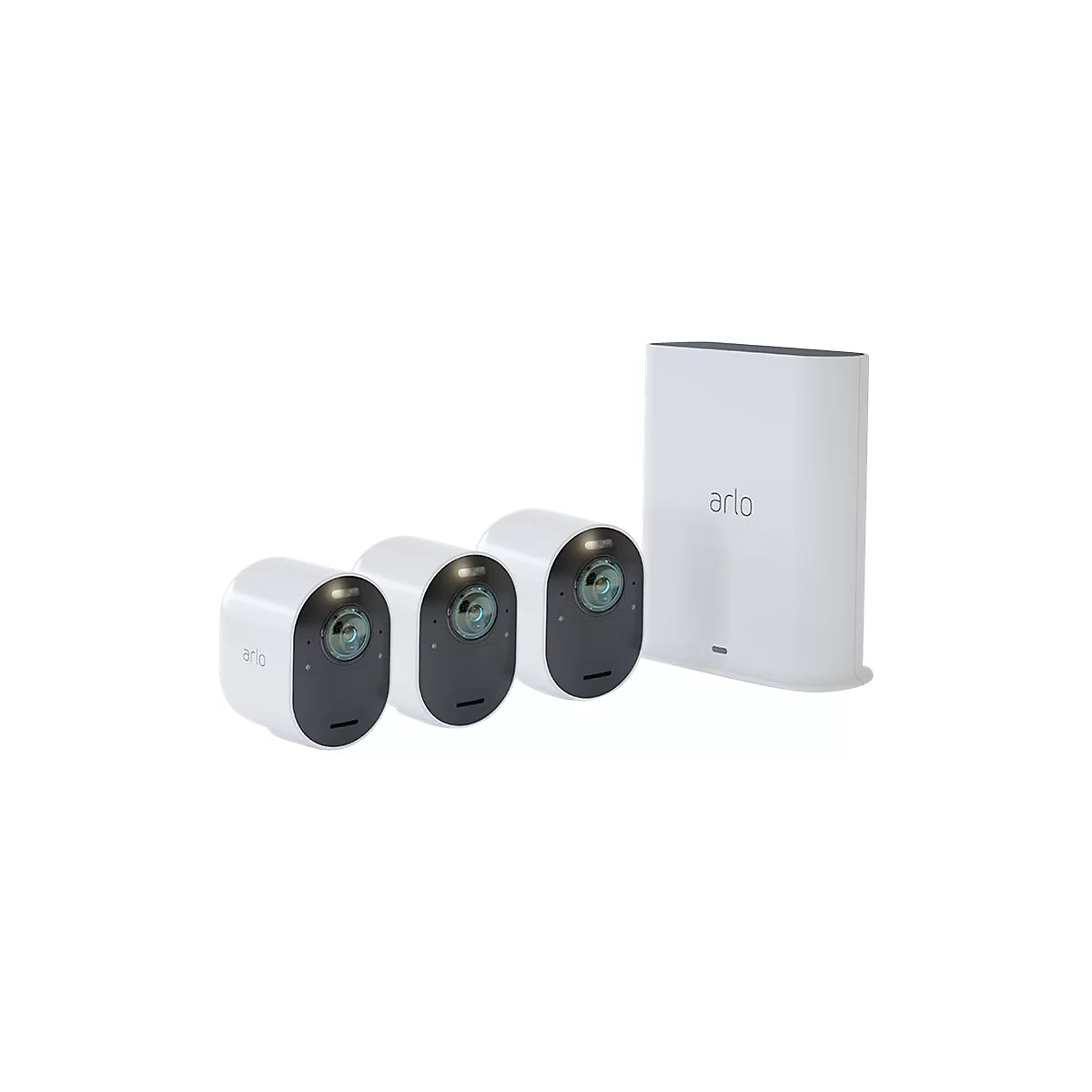 Trois caméras de surveillance Arlo blanches avec une station de base. Les caméras ont des lentilles noires, la station de base a le logo Arlo.