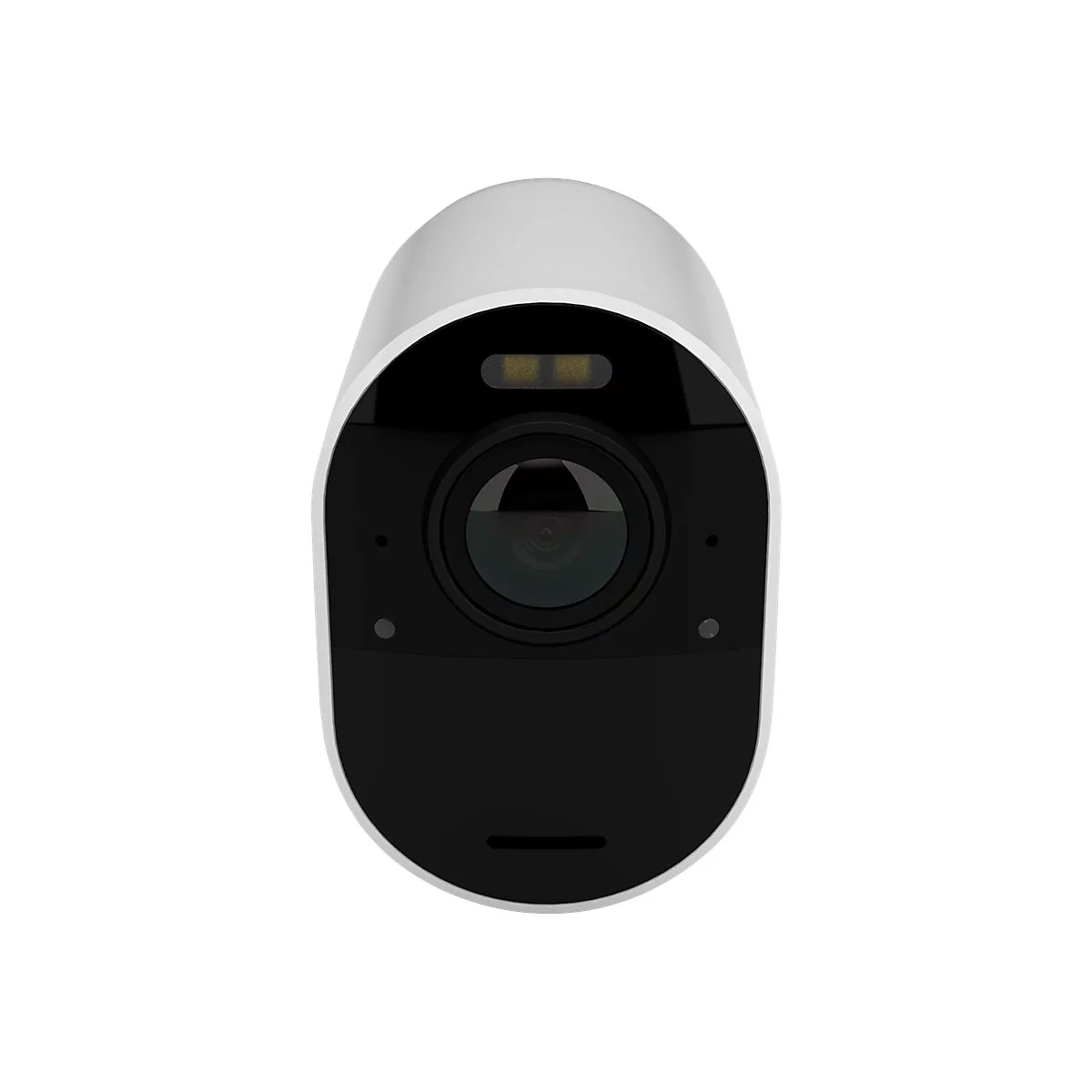 Nahaufnahme einer weißen Sicherheitskamera mit schwarzer Front. Sichtbare Linse, LED-Leuchte und kleine Öffnungen.