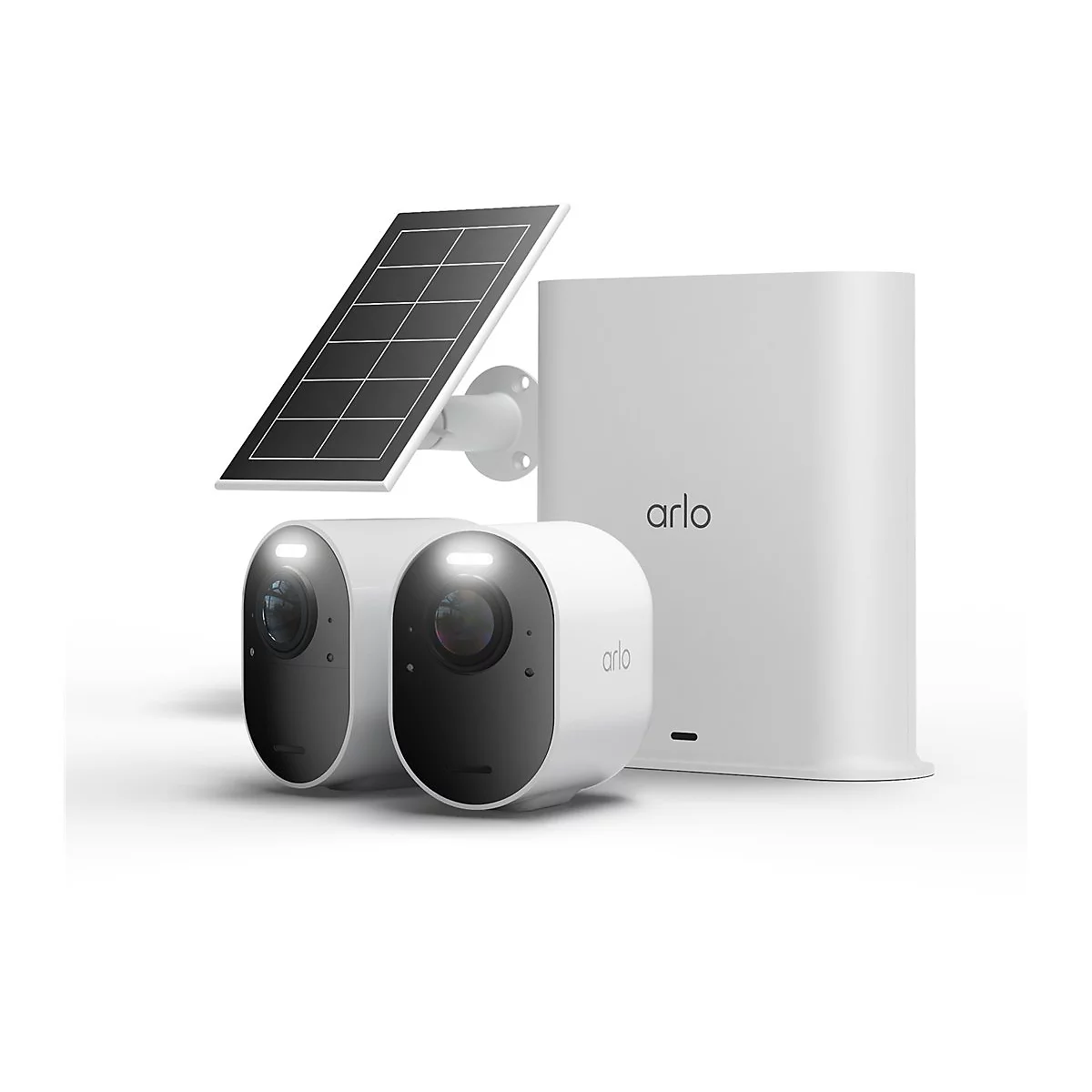Arlo-Sicherheitsset mit zwei weißen Kameras, einer Basisstation und einem Solarpanel vor weißem Hintergrund.