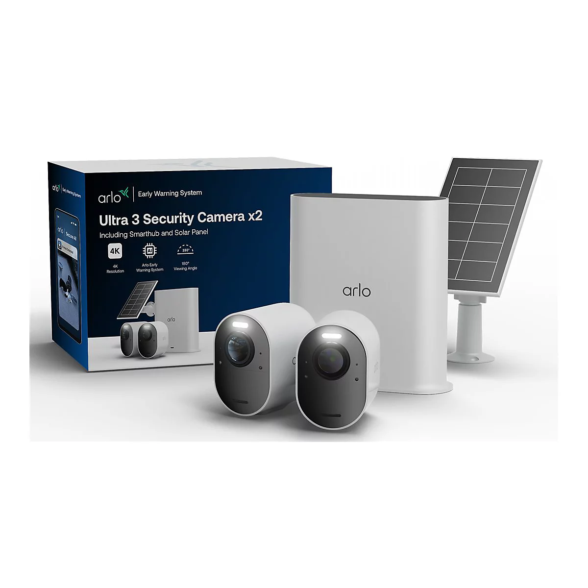 Arlo Ultra 3 Sicherheitskamera-Set mit zwei Kameras, SmartHub, Solarpanel und Produktverpackung auf weißem Hintergrund.