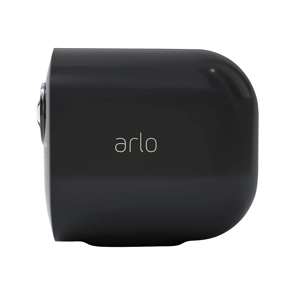 Seitliche Ansicht einer schwarzen Arlo Sicherheitskamera mit abgerundeten Kanten auf weißem Hintergrund.
