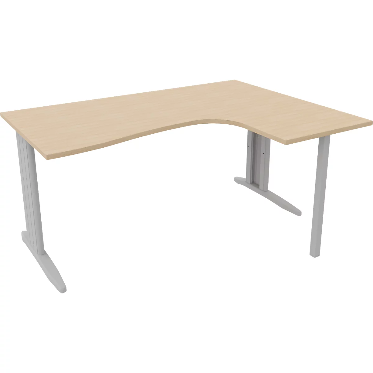 An L-shaped desk with light brown tabletop and gray metal legs. The desk has a rounded corner.