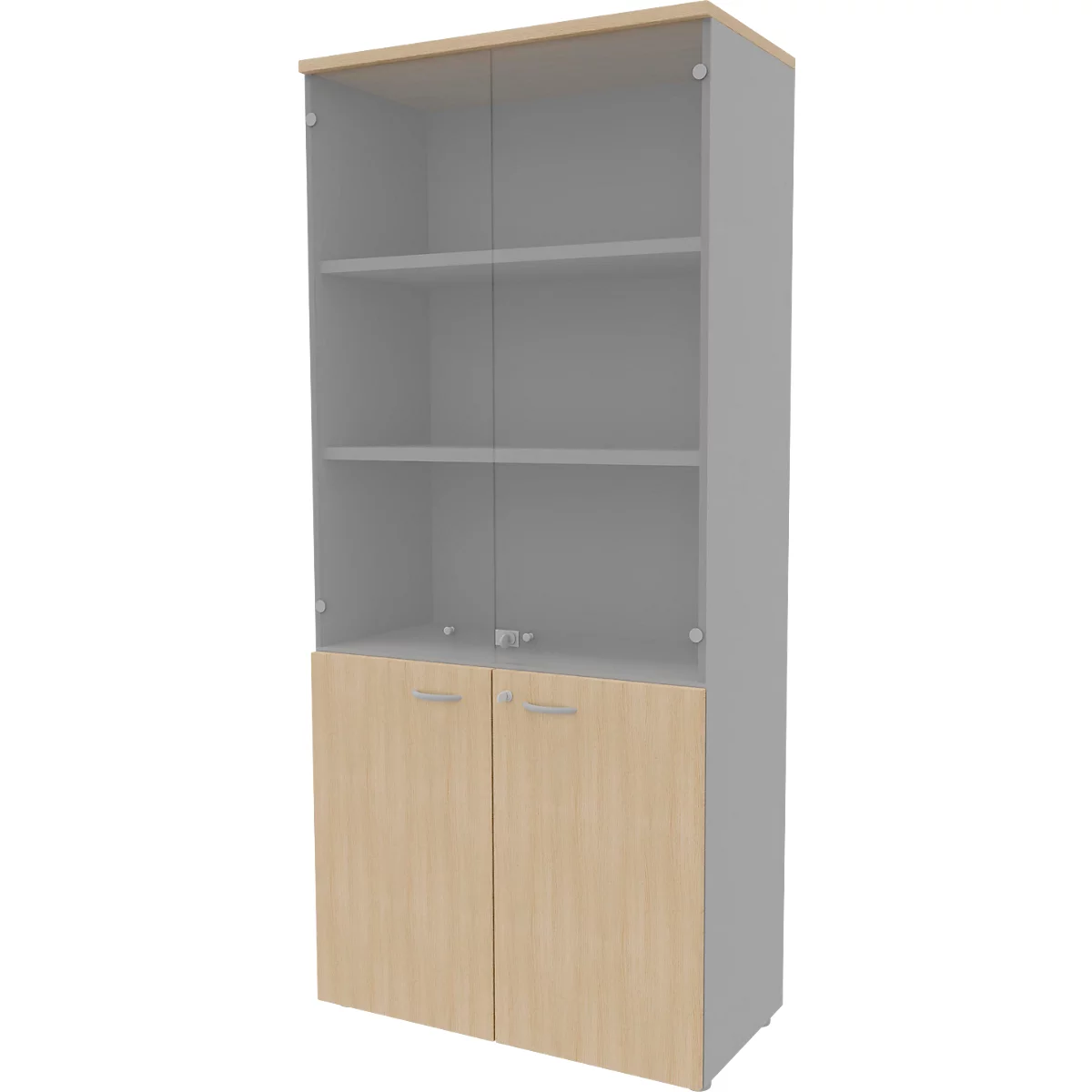 Tall gray cabinet with glass front and light wood doors. Top shelf, 3 shelves, bottom two doors with handles.