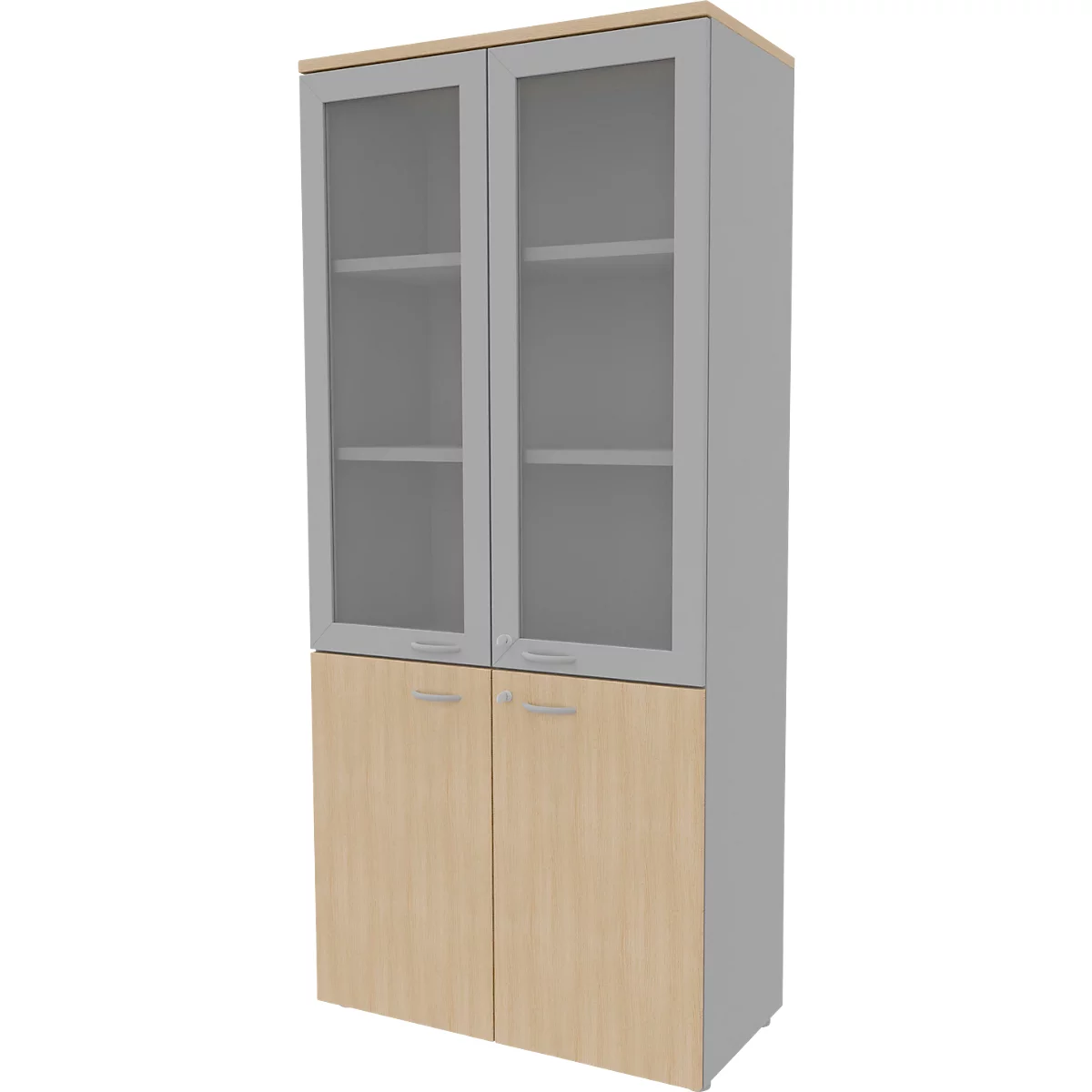 Cabinet with two glass-paneled doors at the top and wooden doors at the bottom, light wood and light gray.