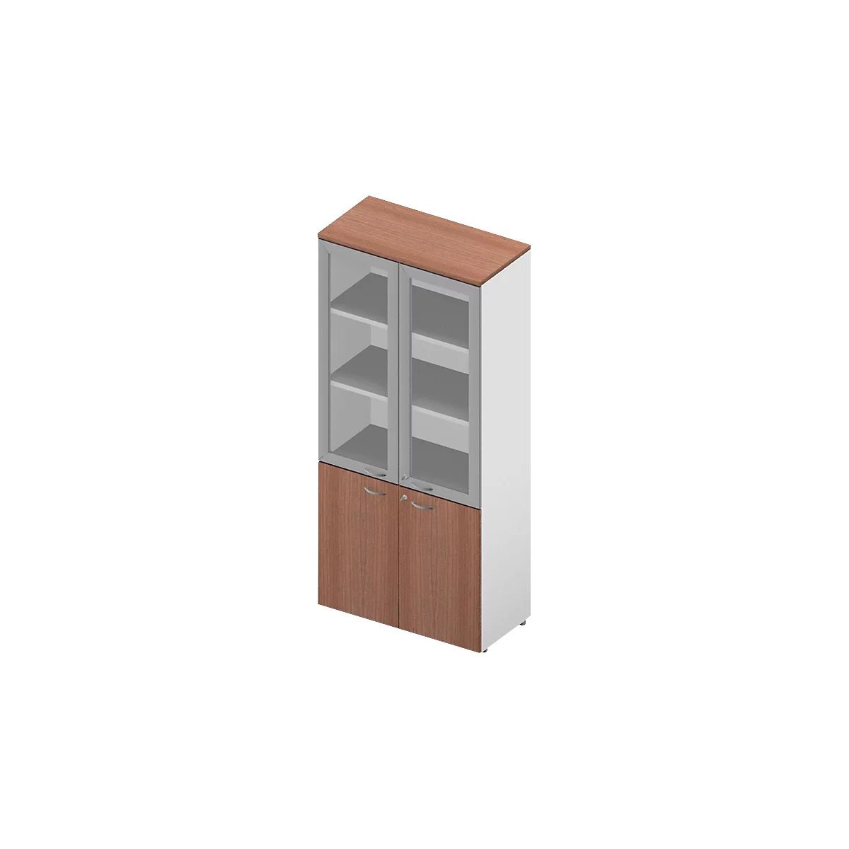 A tall office cabinet with glass display and wooden doors.