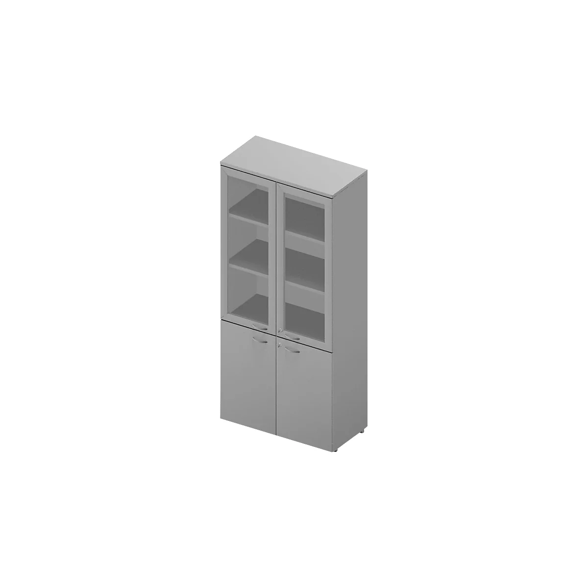 Gray office cabinet with glass fronts, divided into doors and shelves.