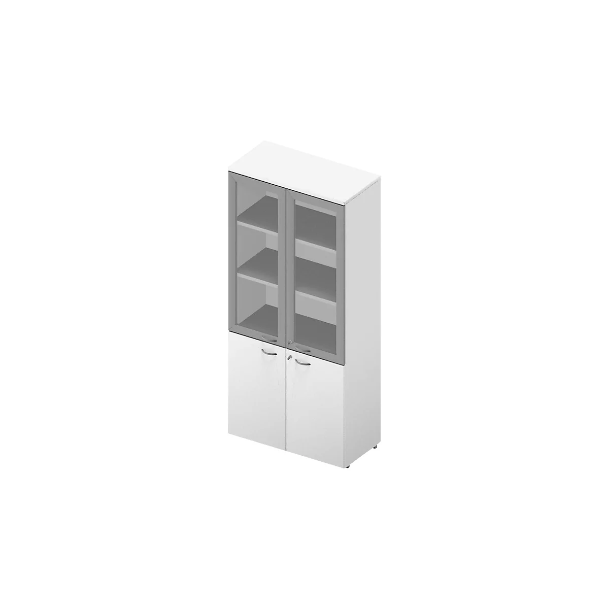 White cabinet with glass display case. Lower part with two doors, upper part with glass panes and shelves.