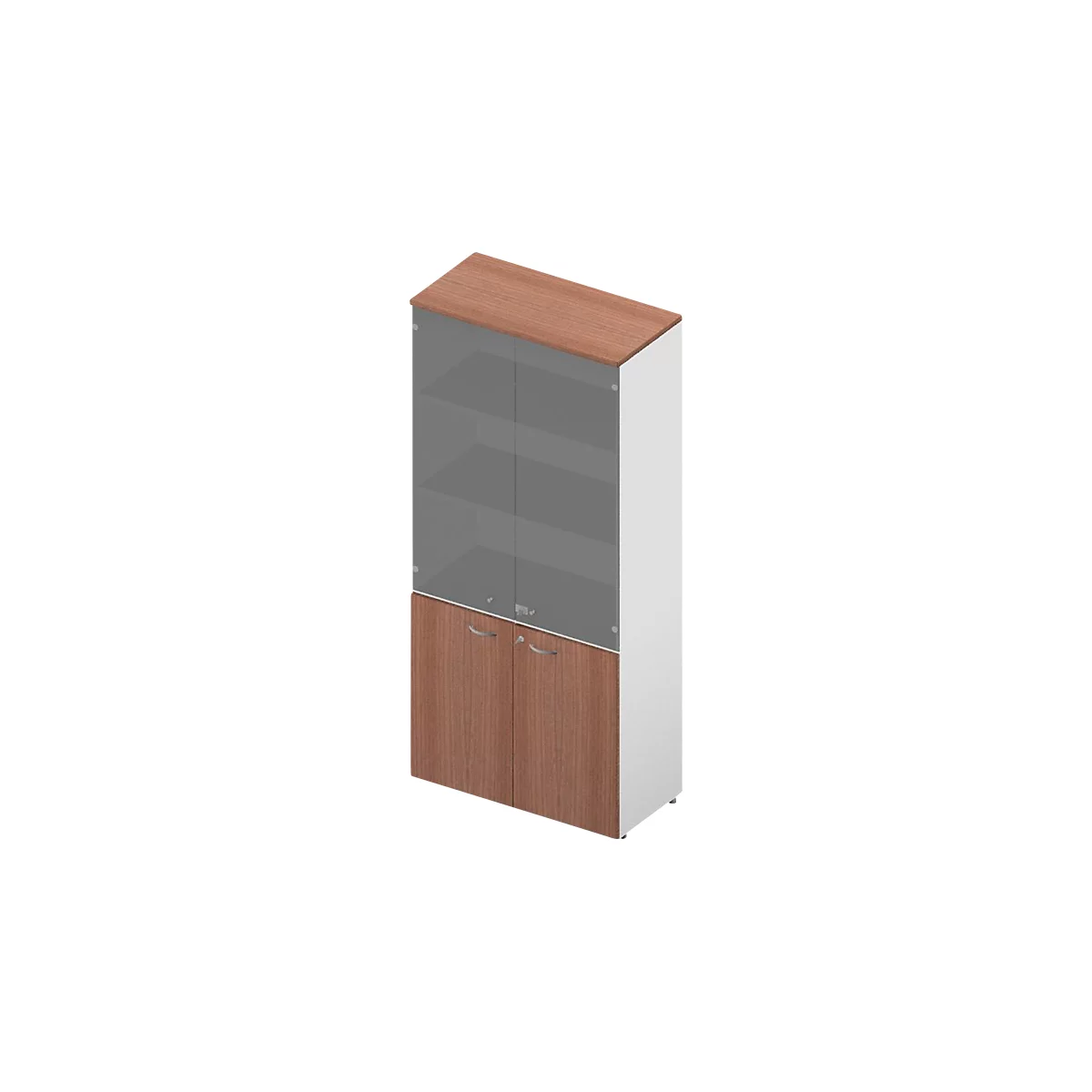 Office cabinet with wood and glass doors, two doors at the bottom, shelves behind.