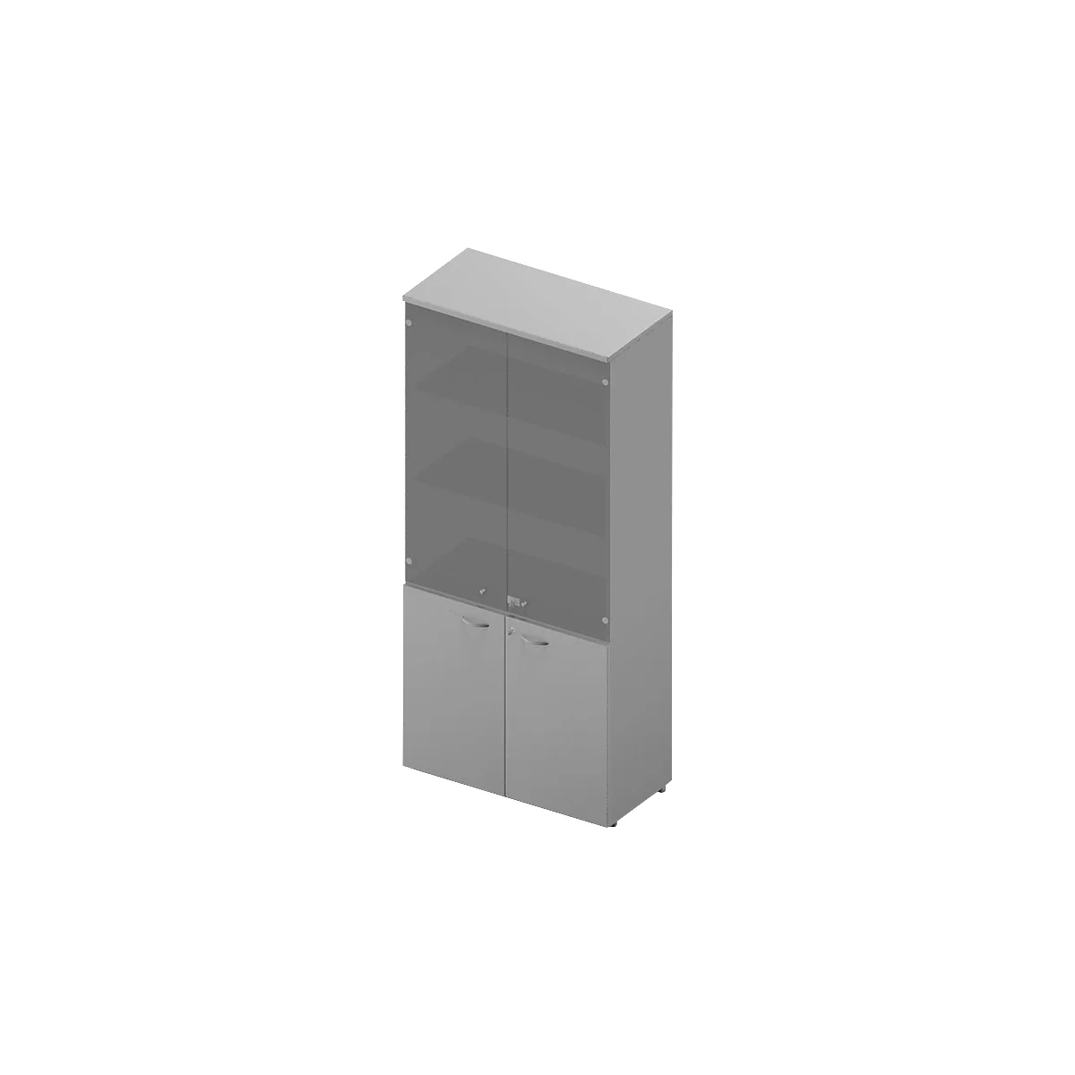 Gray office cabinet with glass front and two doors below.
