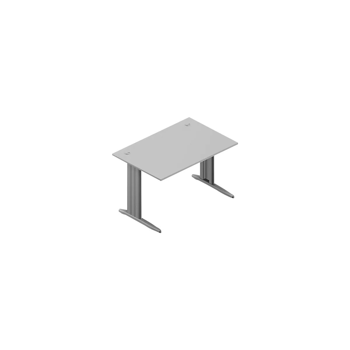 Gray office desk, rectangular tabletop, two legs with base plate and vertical struts.