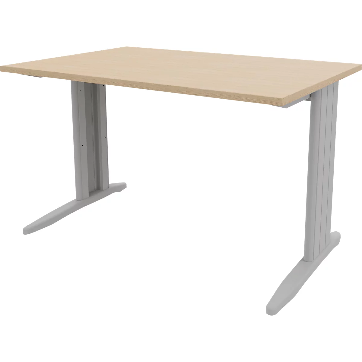 Light brown desk with gray legs. Rectangular table top, legs column-like and slightly angled.
