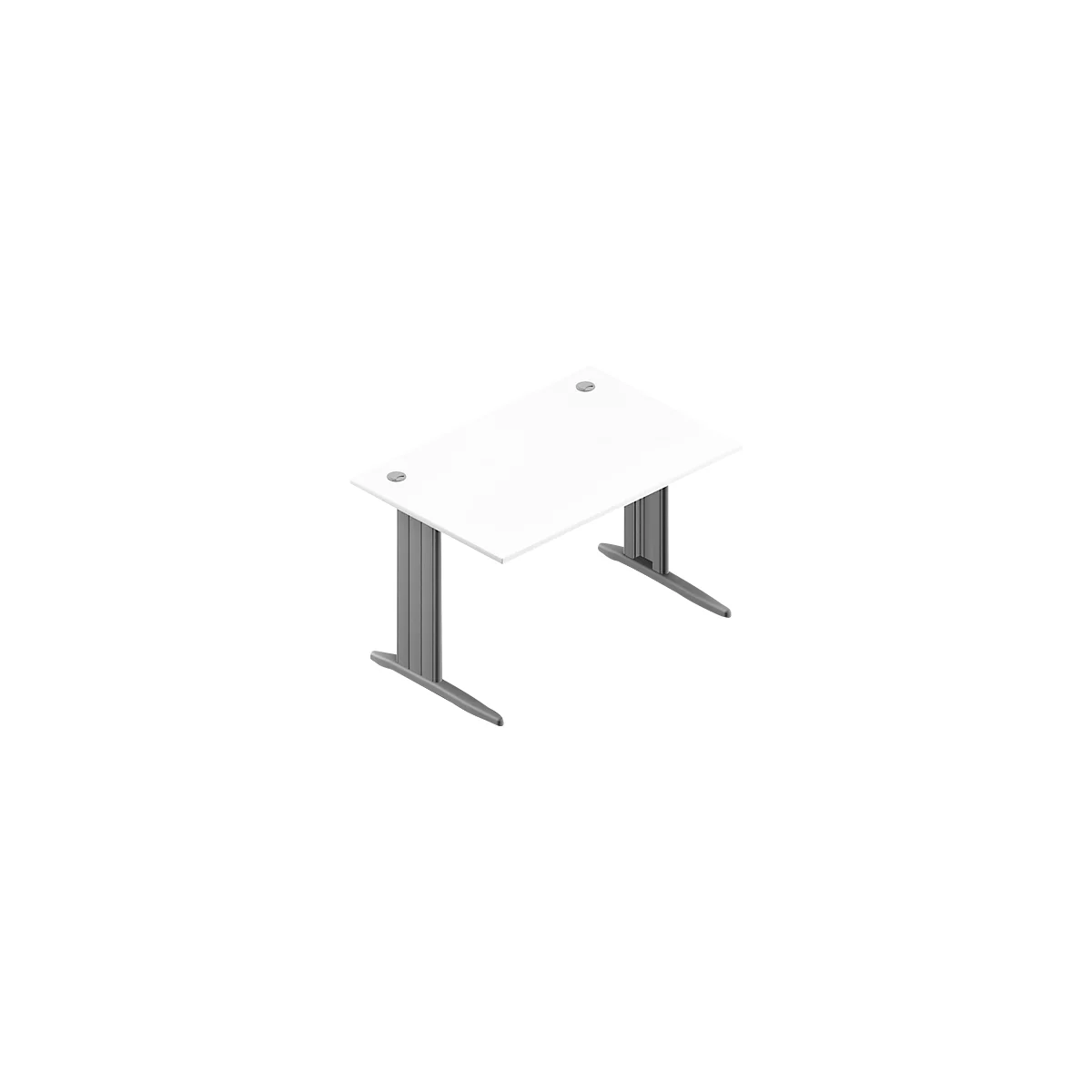 White desk with gray legs, two openings in the table top.