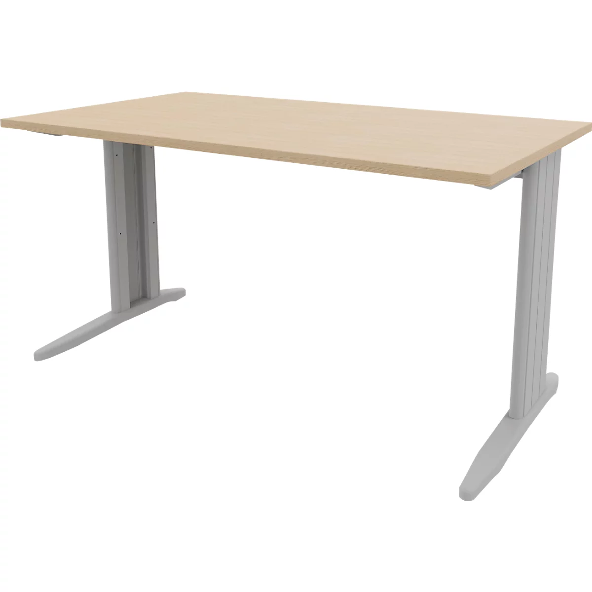 A beige desk with gray legs stands against a white background. The table top is rectangular.