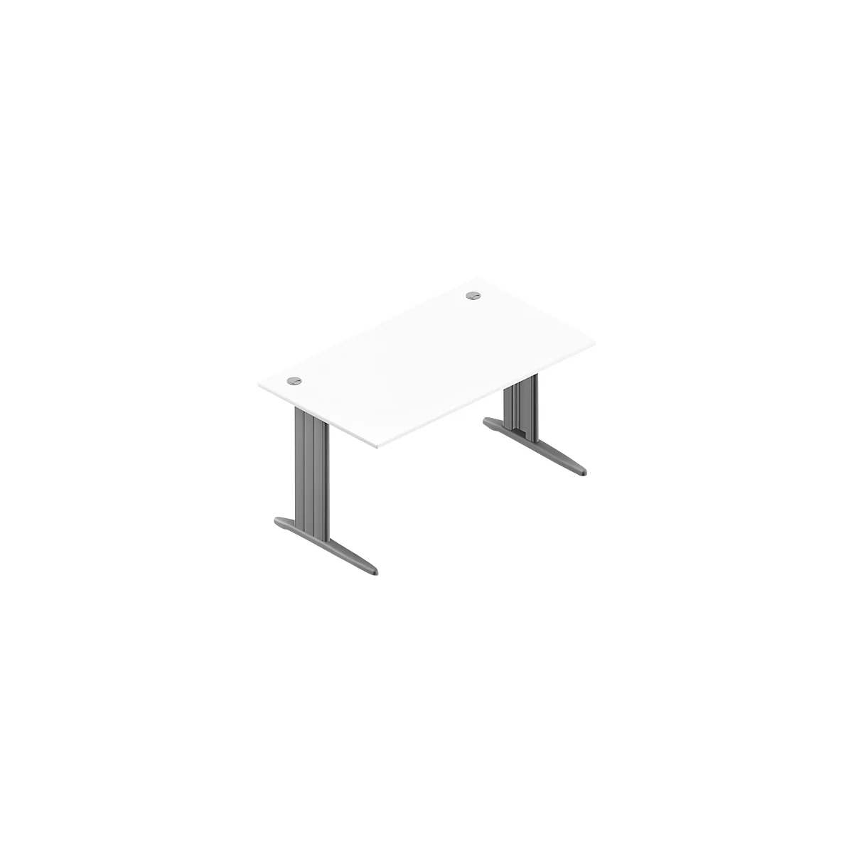 White desk with gray legs, in diagonal view. Two silver screws at the top.