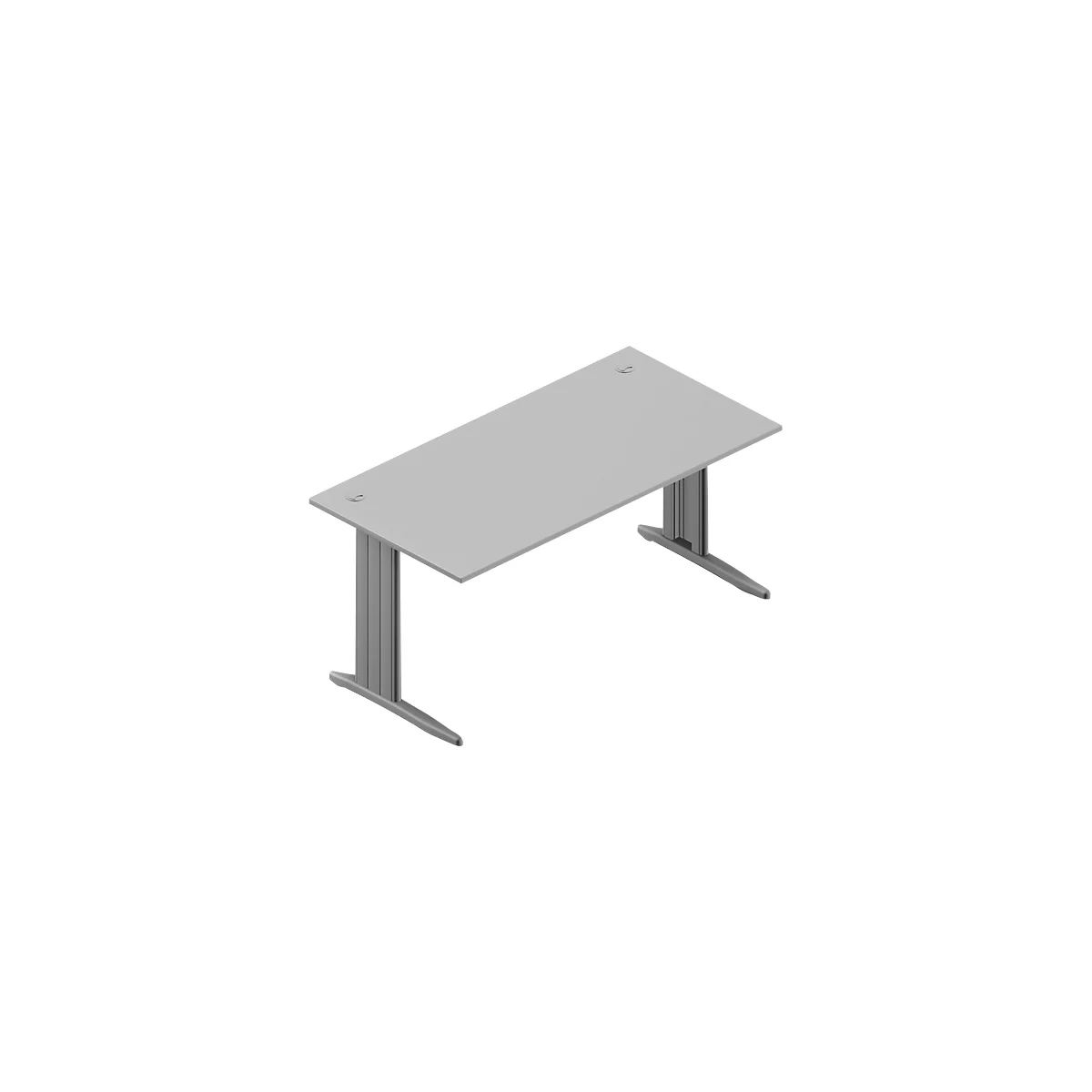 A gray desk with two rectangular legs. The table has two round holes on the surface.